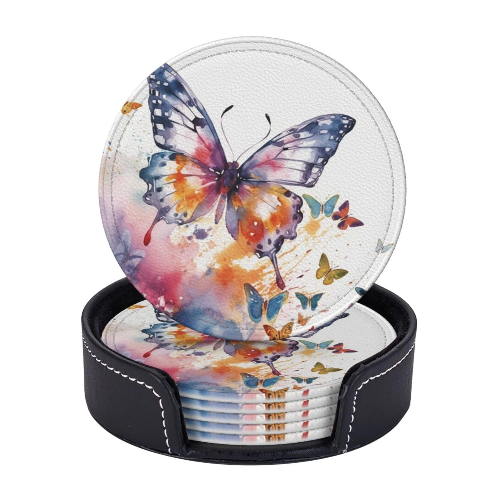 6PCS Drink Coasters with Holder, 4" Leather Coasters for Drinks, Watercolor Butterfly Cup Coasters for Coffee Table Decor, Non-Slip Drinking Cup Mat for Hot or Cold Drink