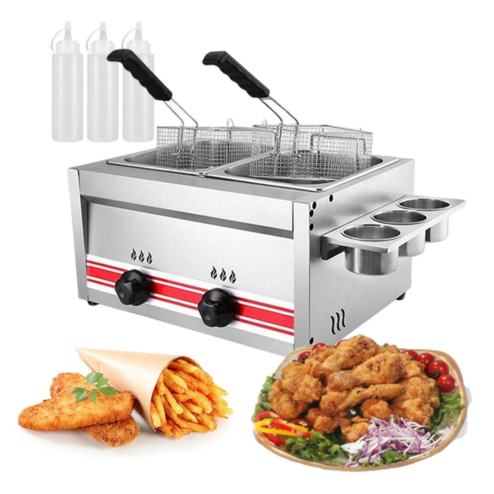 Freidora de Gas Profesional de Acero Inoxidable Comercial,con Cestas Y Tapas,Potencia de Fuego Ajustable Y Control de Temperatura,para Encimera de Restaurante Comercial MáQuina (10l+10l)