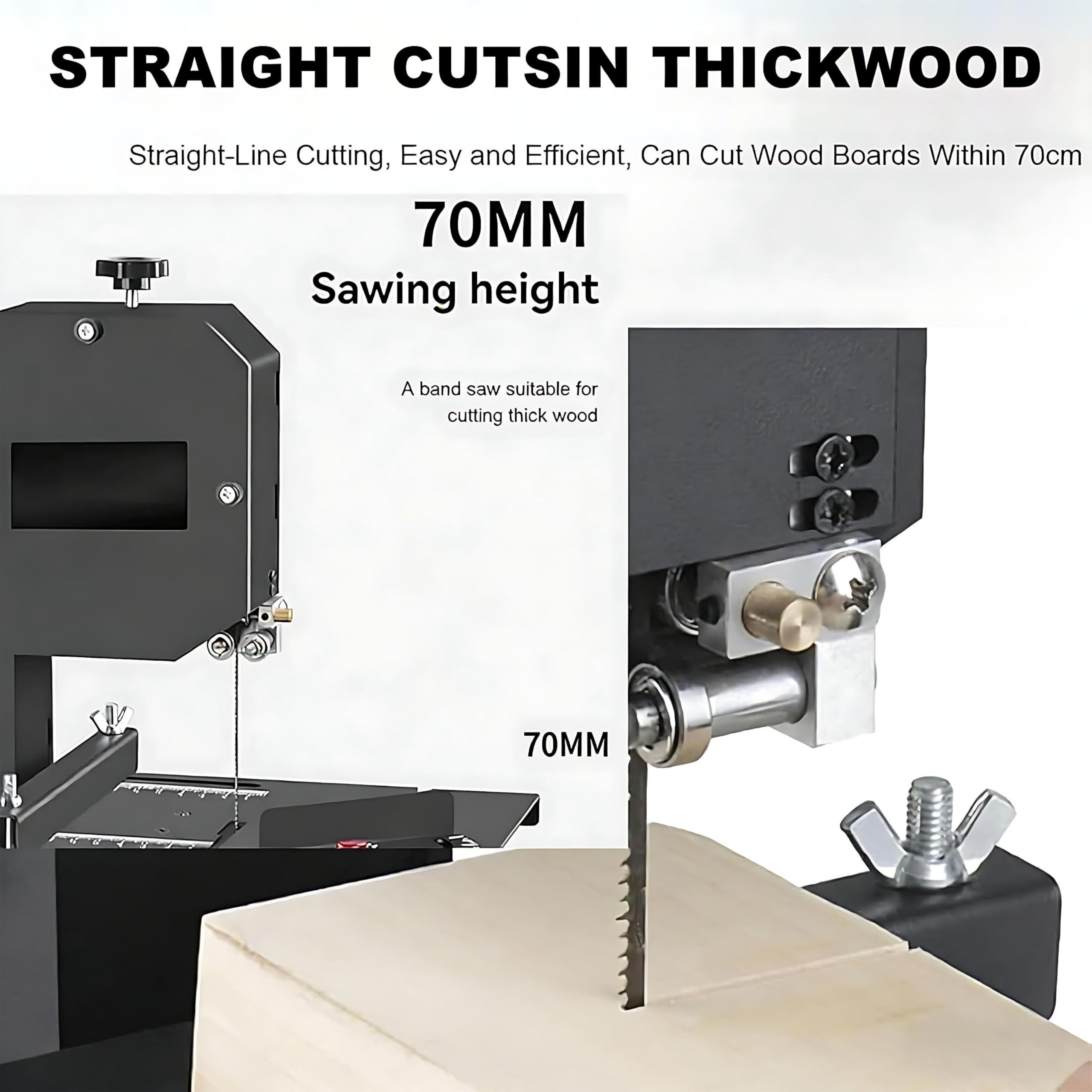 Seghe a Nastro da Banco Elettrica per Lavorazione Legno,Sega da Tavolo,Altezza di Taglio 70 Mm,Taglio Dritto,Curvo,Ad Arco E Multi-Angolo,velocità 1750 Giri/min,per Levigatura E Lucidatura