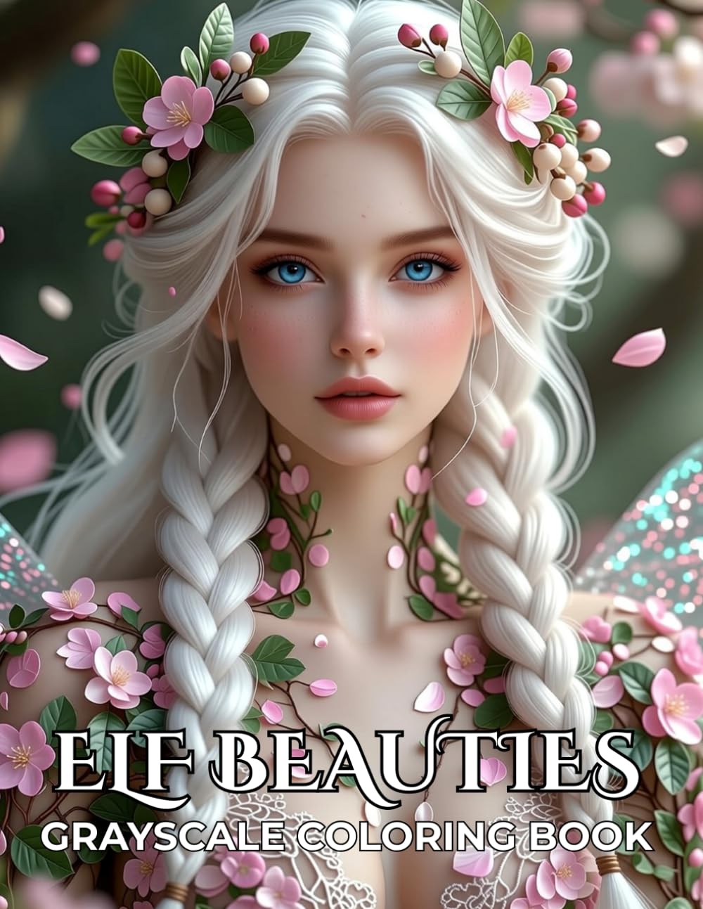 Elf Beauties: Elf Coloring Book for Adults with Beautiful Elven Women, Grayscale Portraits, Floral Dresses and Enchanted Nature Scenes