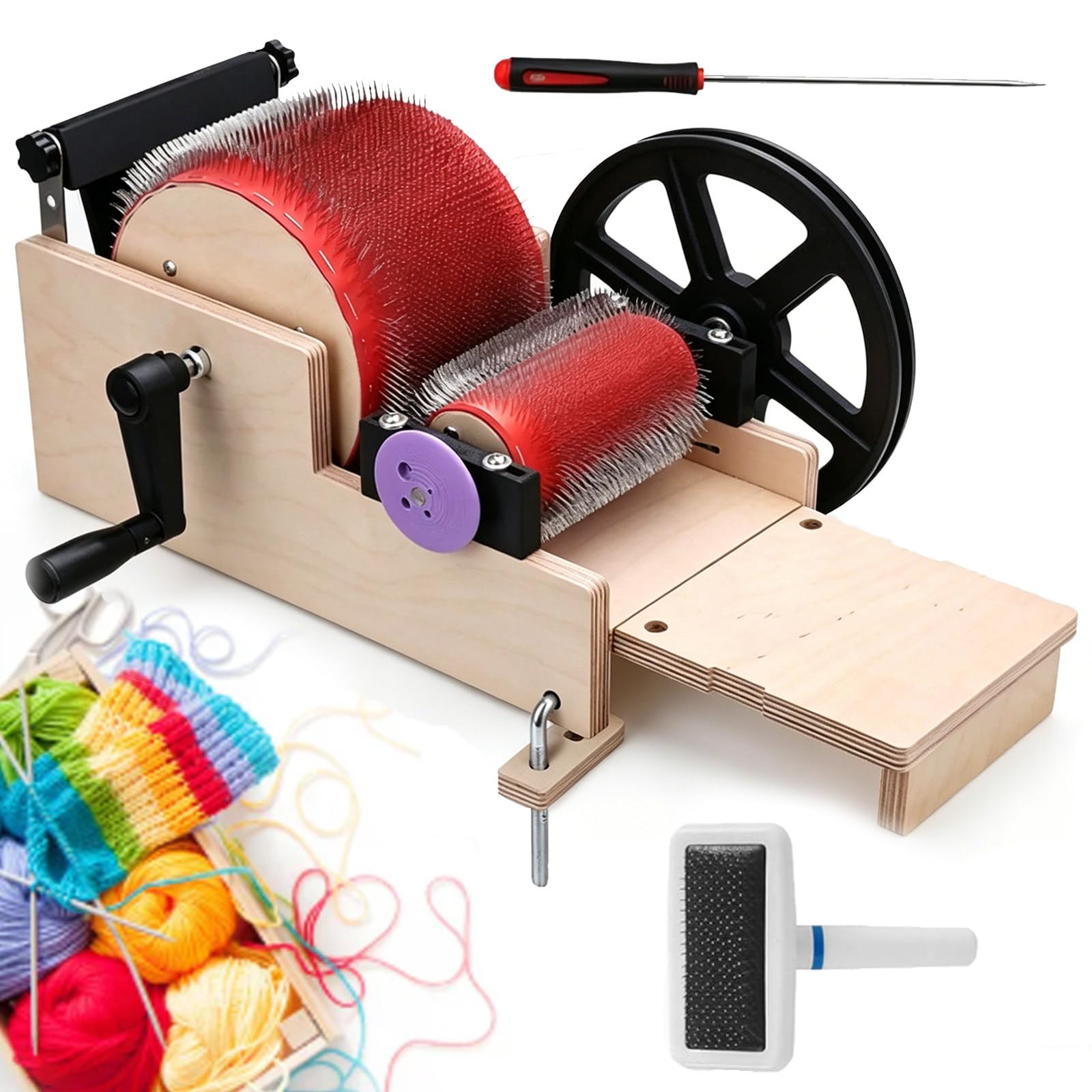 ZyKnaurral Dual Rollers Fiber Carding Machine, Wooden Hand Drum Carder for DIY Felting, Fibre Blending, Colour Mixing and Impurity Removal 14cm