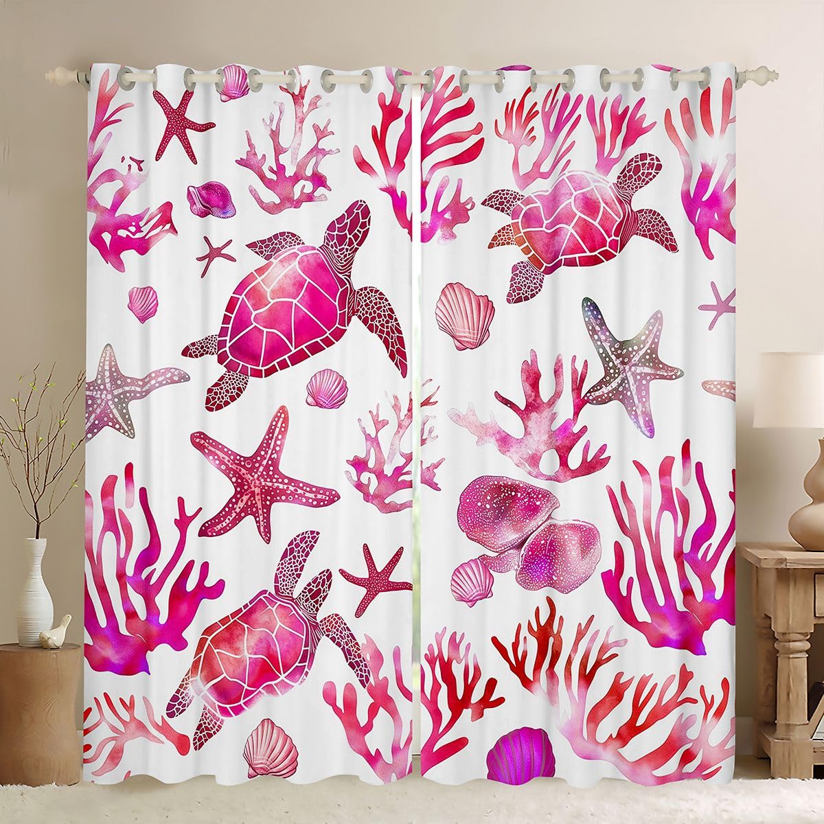 Homemissing Tende oscuranti a forma di tartaruga marina, per camera da letto, soggiorno, oceano, spiaggia, stelle marine, conchiglie, tende oscuranti con creature marine rosa, 2 pannelli 116 x 182 cm