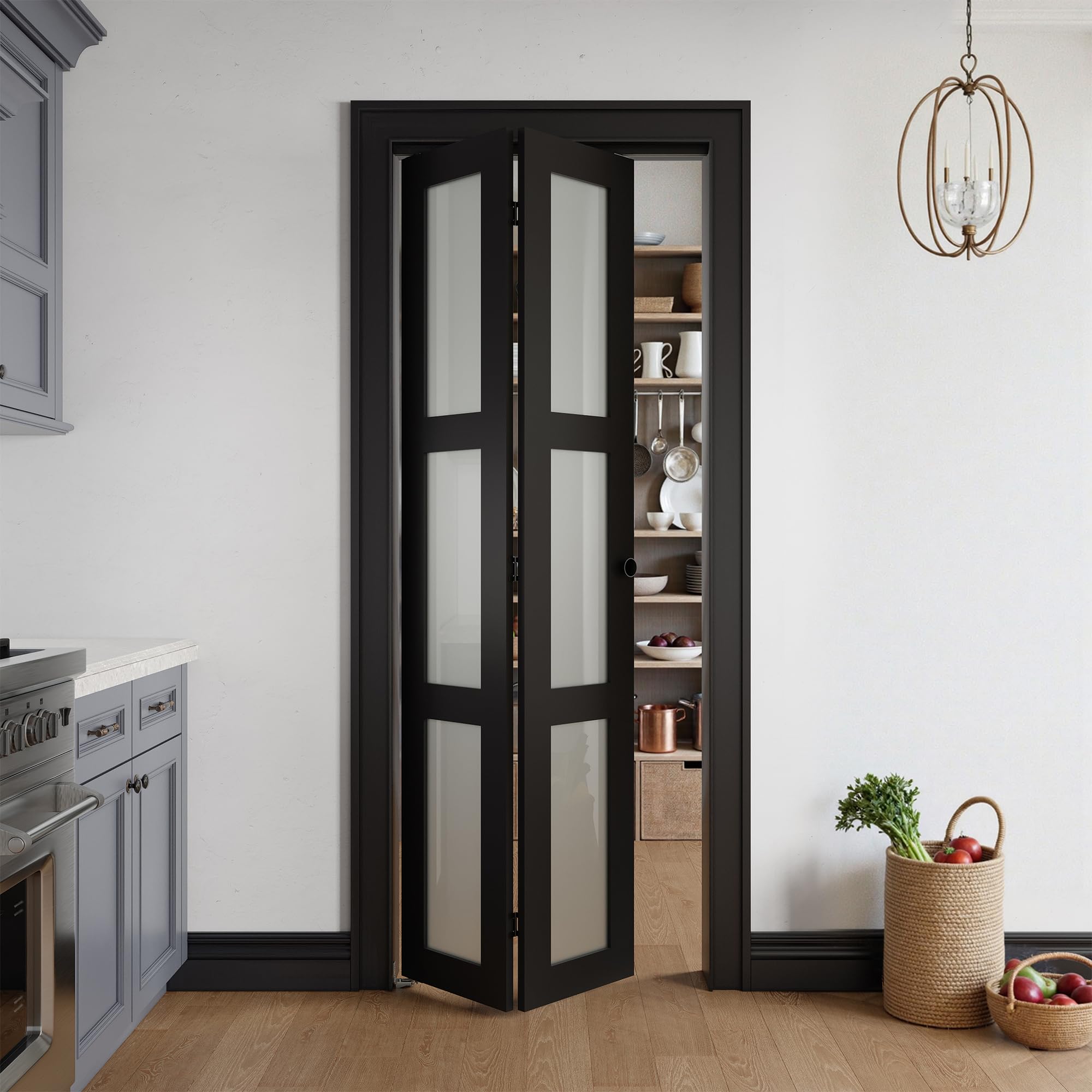 Bifold Doors for 15" x 78.75 " Opening, 3-lite Tempered Frosted Glass Closet Folding Doors with Hardware kit Included, Easy Assembly, Black