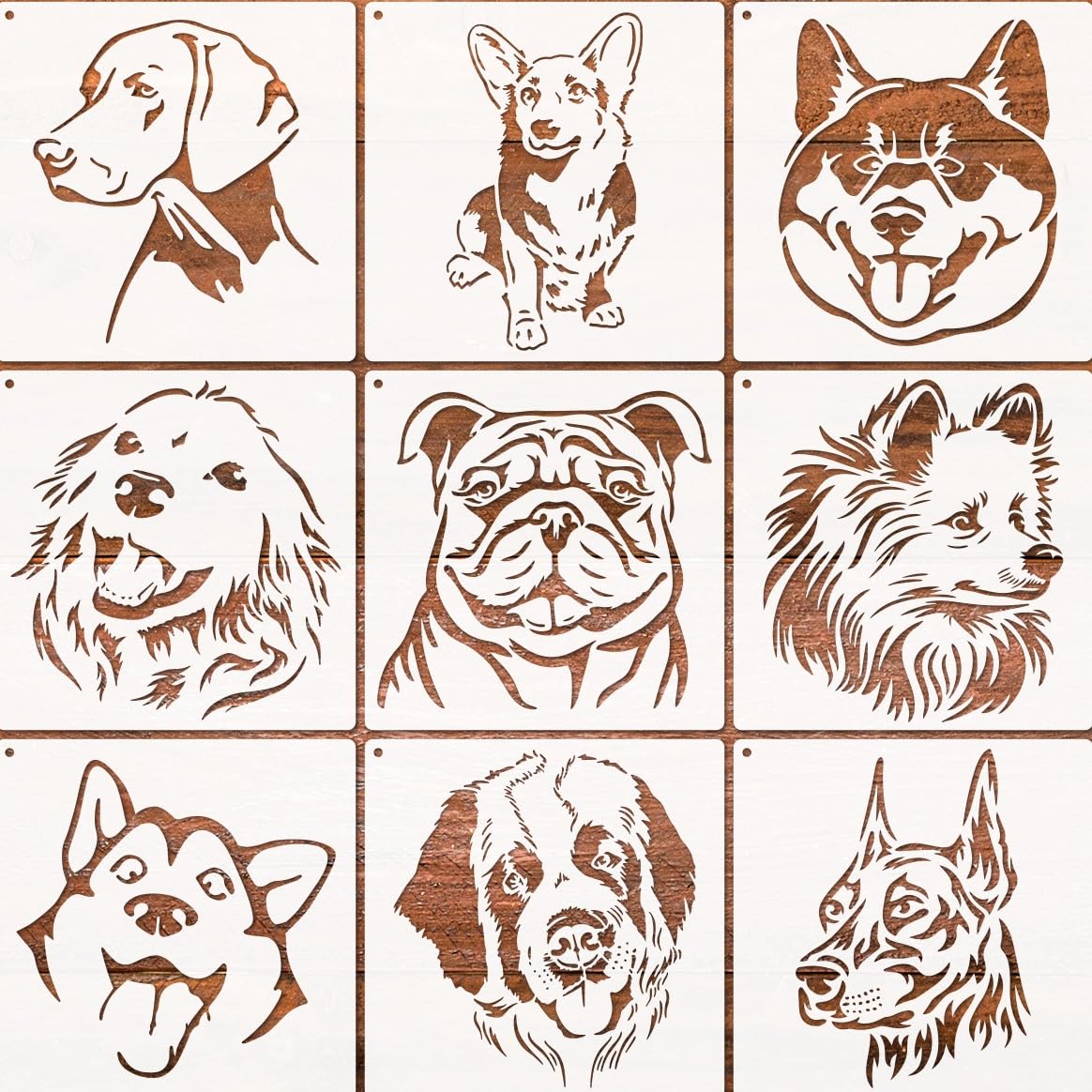 Durlo 9Pcs Dog Stencils for Crafts Reusable Cute Large Dog Head Plastic Templates for Wood Wall Home DIY Art Decor