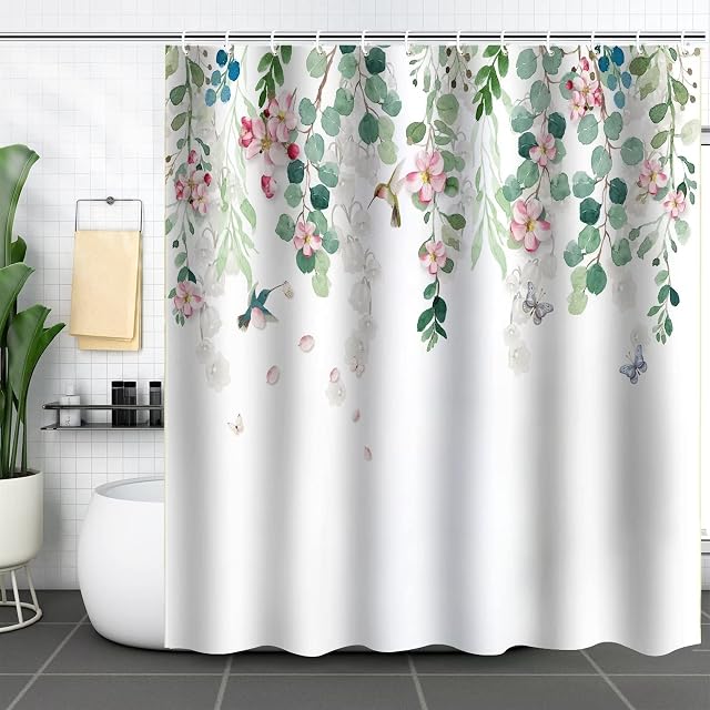 ESPFHN Floral Shower Curtain Mould Proof Resistant Fabric Bathroom Curtains Washable Waterproof Polyester Decorative Bathroom Curtains with Plastic Hooks180 x 180cm