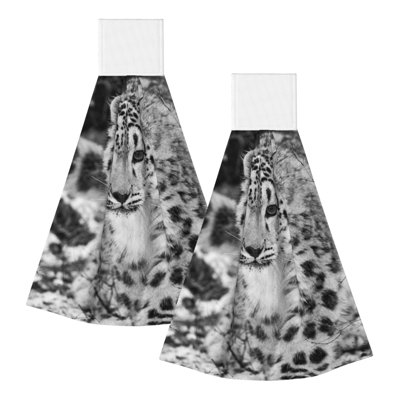 DOPKLNA Snow Leopard, 2 Pcs Hanging Coral Fiber Hand Towels for Bathroom, Absorbent Kitchen Towels