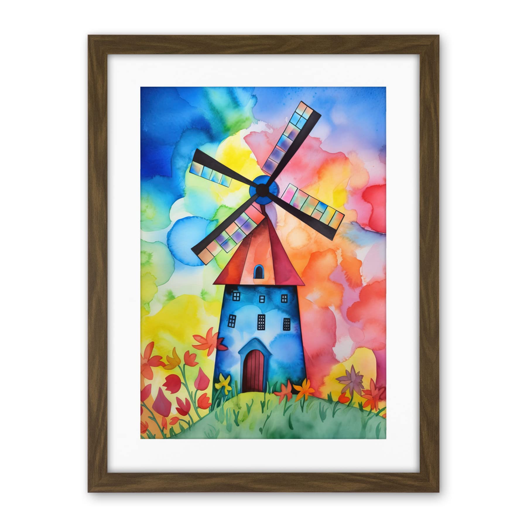 Artery8 Watercolour Windmill Netherlands Folk Art Artwork Framed Wall Art Print 18X24 Inch