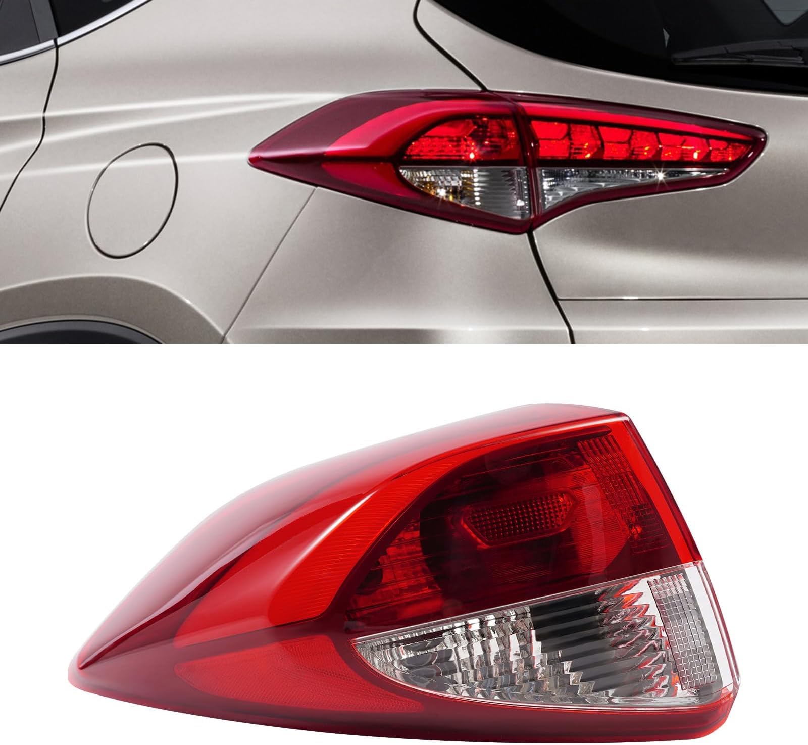 Outer Tail Light Assembly For 2016-2018 Hyundai Tucson,Left Driver Side Halogen Rear Light Brake Lamp Parking Light Taillight No Bulb Clear Lens Red Housing 92401D3010 HY2804137 (LH)