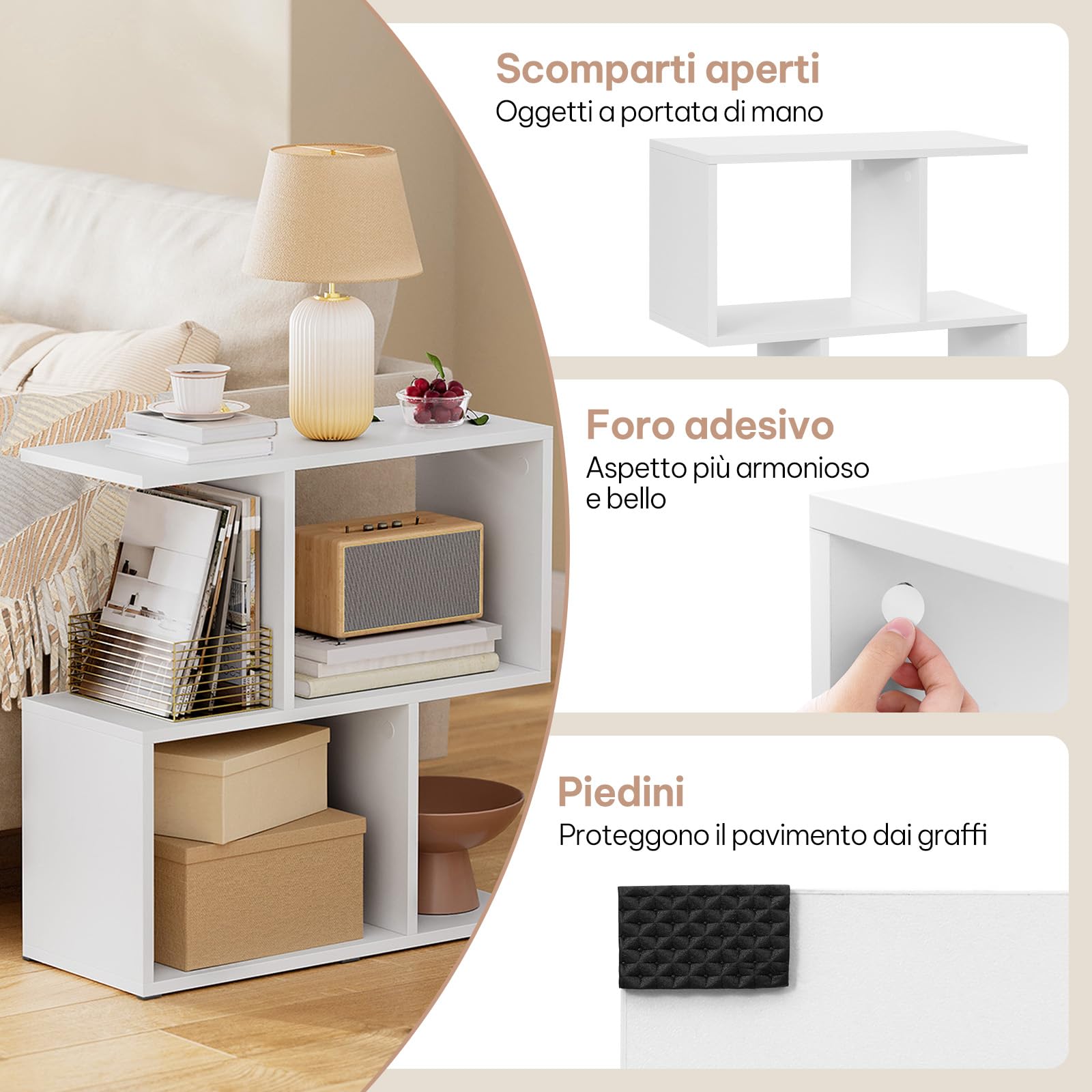 eSituro Tavolino Salotto a Forma di S, Tavolino Laterale da Divano Moderno, per Soggiorno, Balcone, Studio, Camera da Letto, con 1 Ripiano Superiore e 4 Scomparti, Bianco