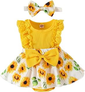 KAFIREN Baby Girl Newborn Romper Dress Lace Ruffle Sleeveless Summer Outfit with Headband 0-12 Months