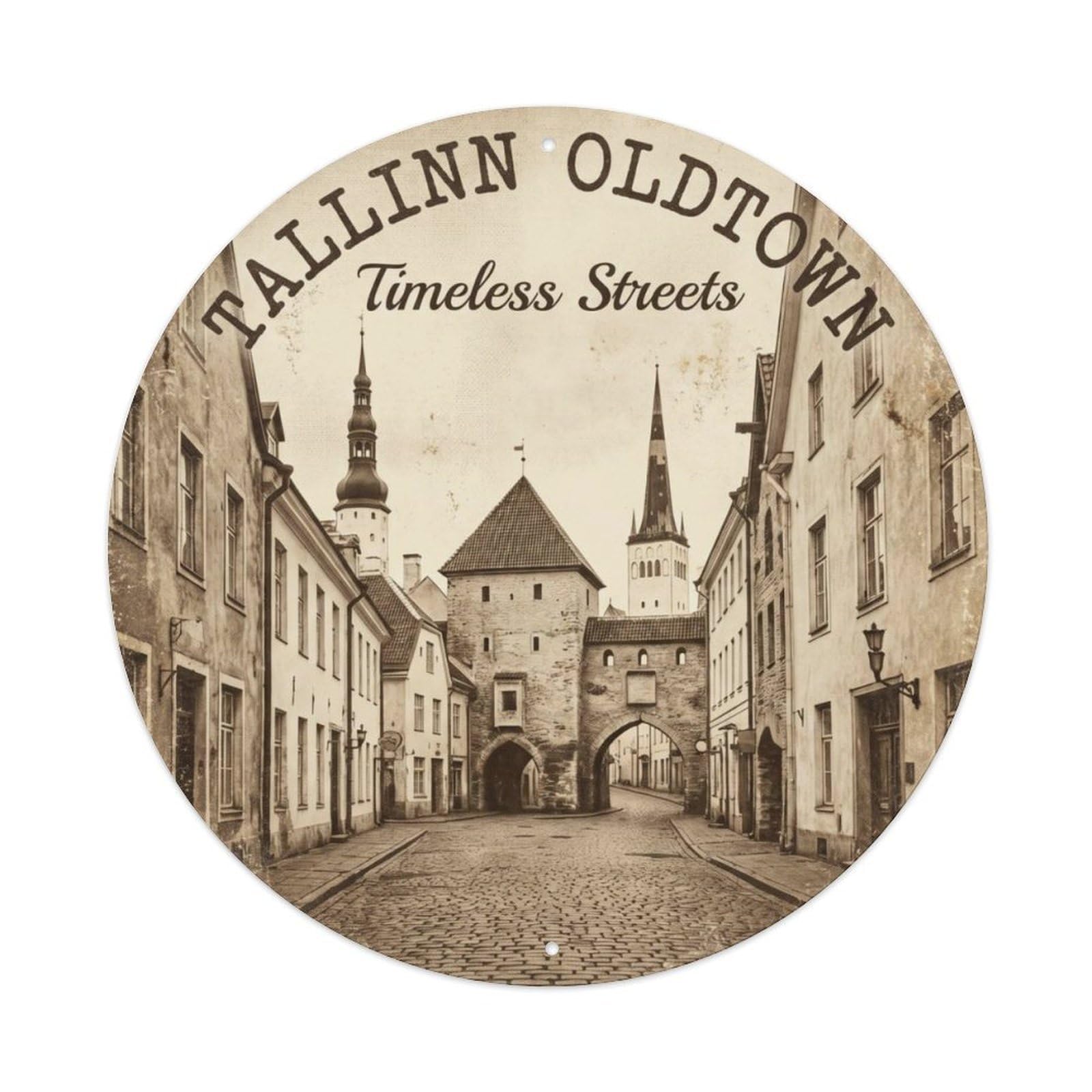 Cobblestone Charming Cafe District Metal Tin Sign Plaque Wall Decor for Cafe, Club Bar, Office, Home Garden Round Metal Poster 8x8Inch