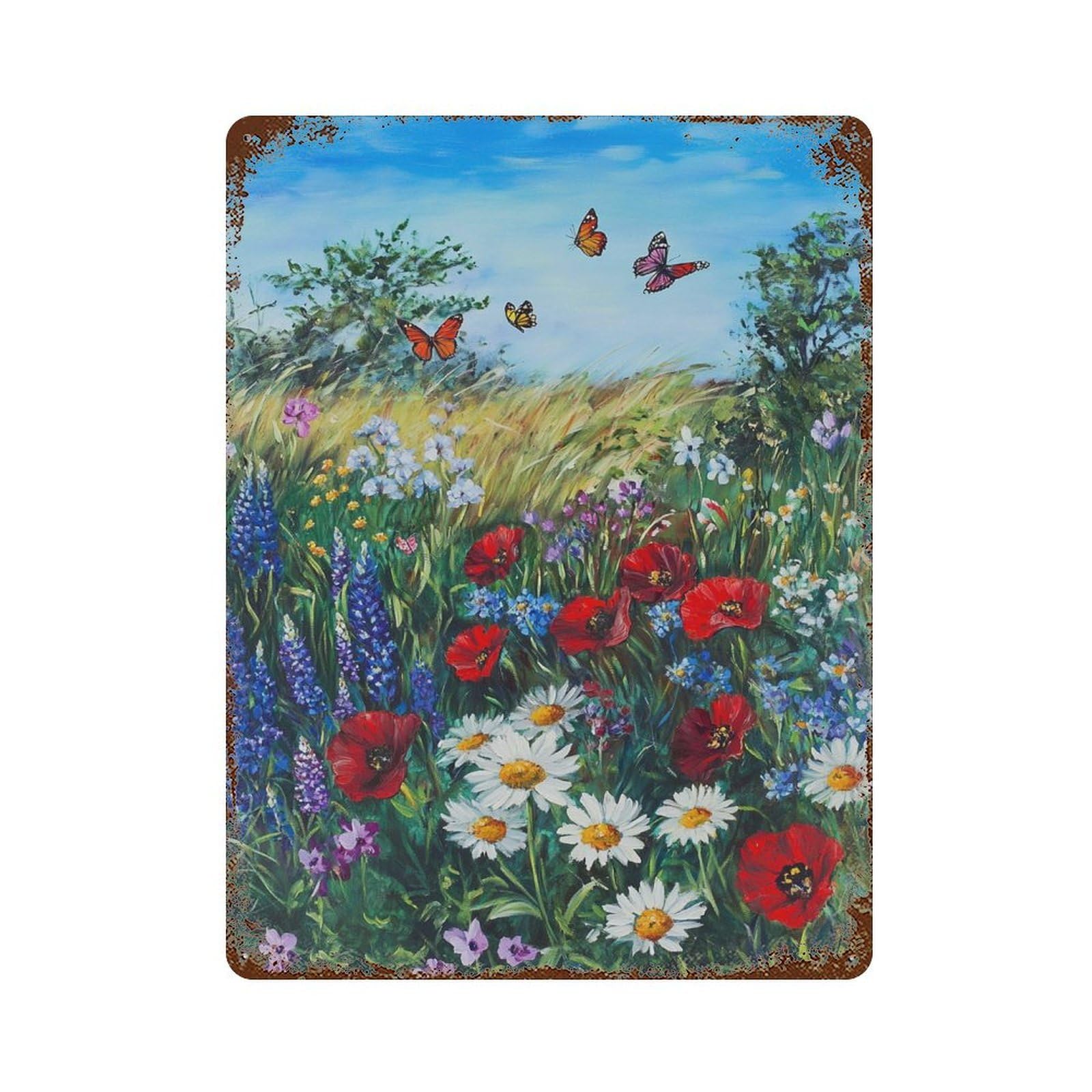 Wildflower Field with Butterflies Retro Metal Sign 15.7"x11.8", Decorative Metal Wall Art for Garage, Bar And Workshop Decor
