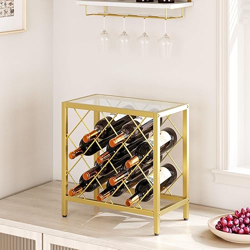 Miniatura 7 de HOOBRO Estante de vino para encimera, estante de almacenamiento de vino para 10 botellas, estante de vino pequeño de metal dorado moderno