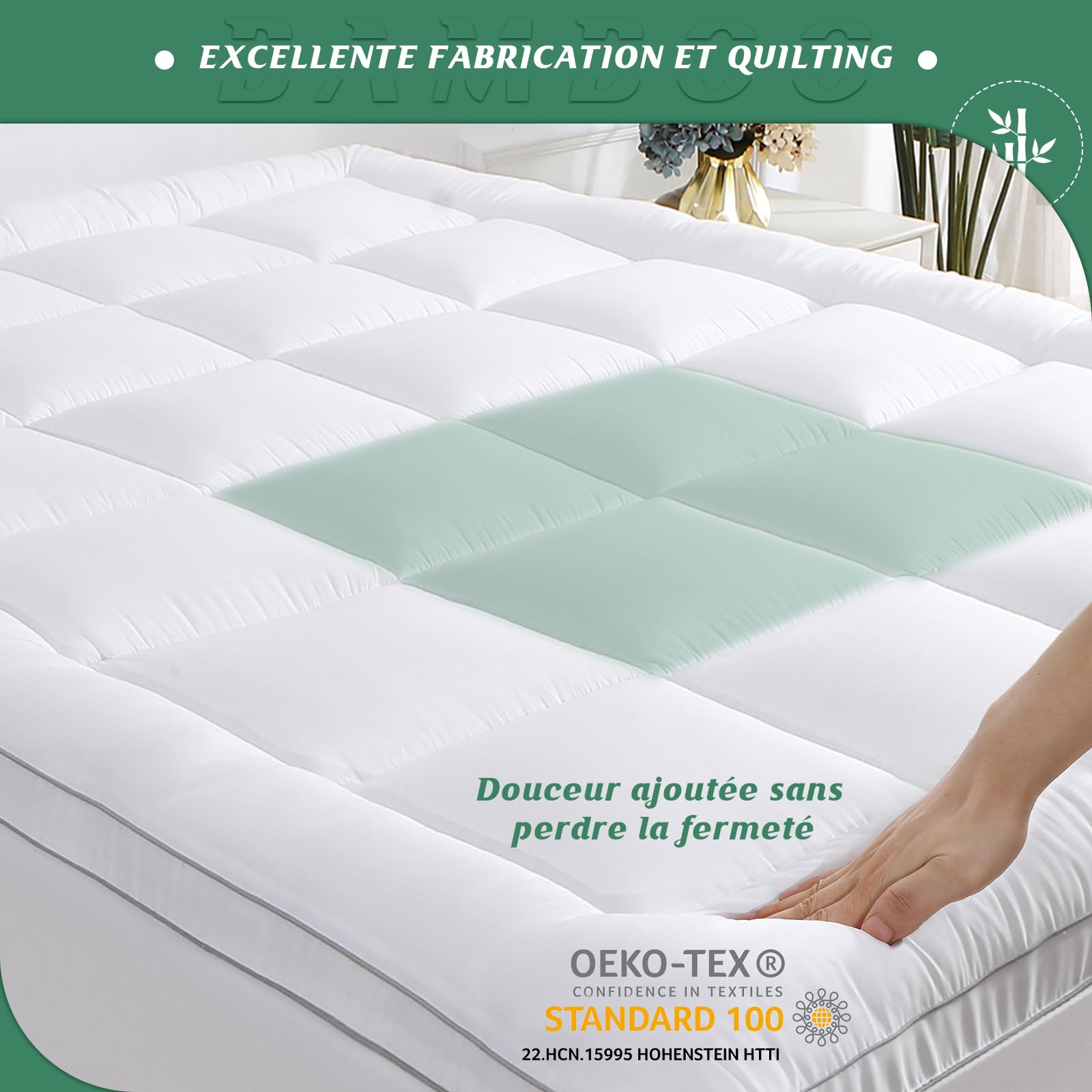 GRT Surmatelas 140x190 cm - Épaisseur Généreuse de 6 cm pour Un Sommeil Confortable, en Fibres de Bambou et Garnissage 3D - Ultra-Doux et Respirant