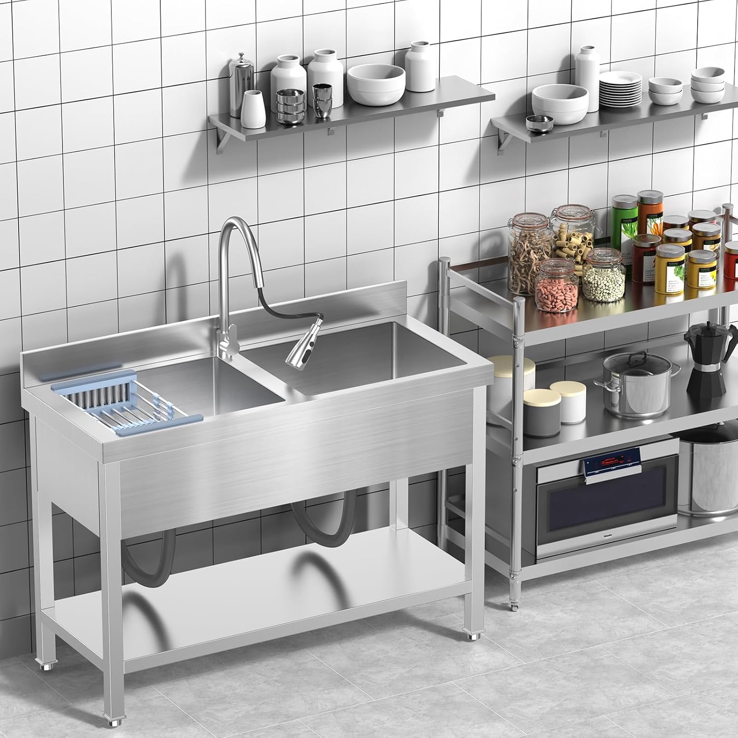 Stainless Steel Utility Double Bowl Sink with Faucet ，Drainboard & Lower Shelf - Heavy Duty Kitchen Prep & Cleaning Station for Restaurant, Garage, Laundry Room.
