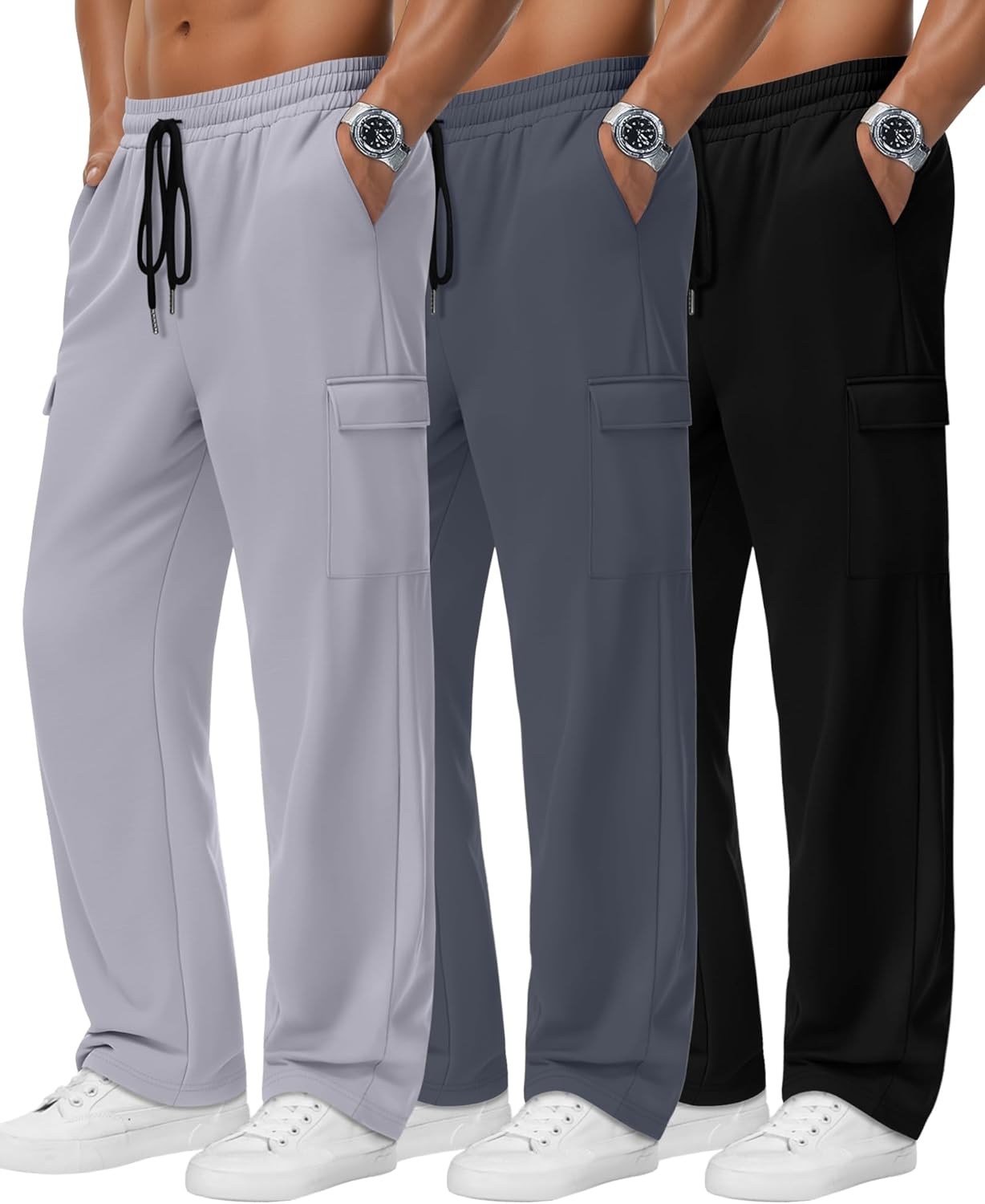 Neer 3 Pack Men's Baggy Cargo Sweatpants Open Bottom Joggers Straight Wide Leg Drawstring Lounge Pants with Pockets S to 3XL