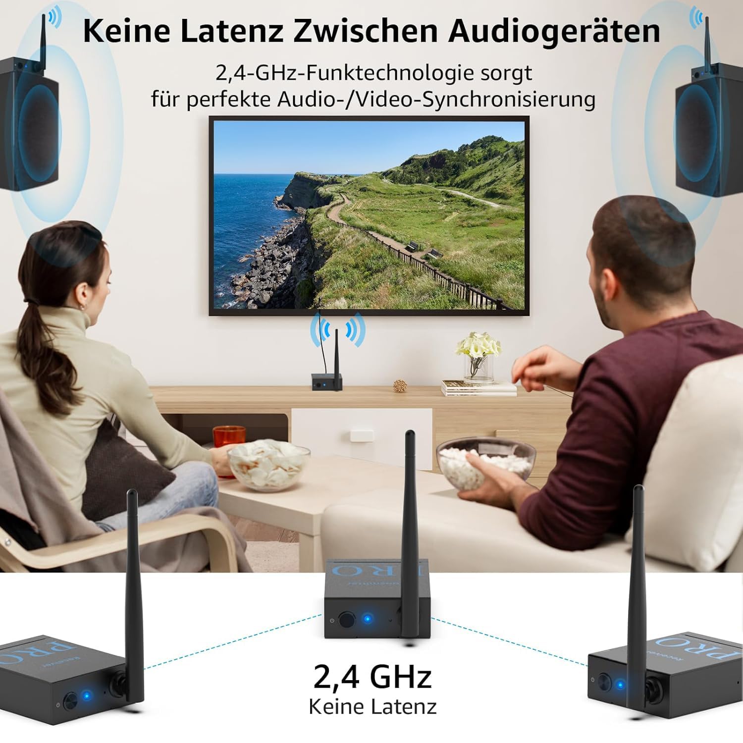 1Mii (1 TX + 2 RX) Drahtlos Audio Sender Empfänger, 2,4 GHz Funkübertragung | Geringe Latenz, HiFi von TV/PC zu Aktivlautsprecher/Verstärker/AV-Receiver, Optisch/Koaxial/3,5-mm/Cinch-Anschluss