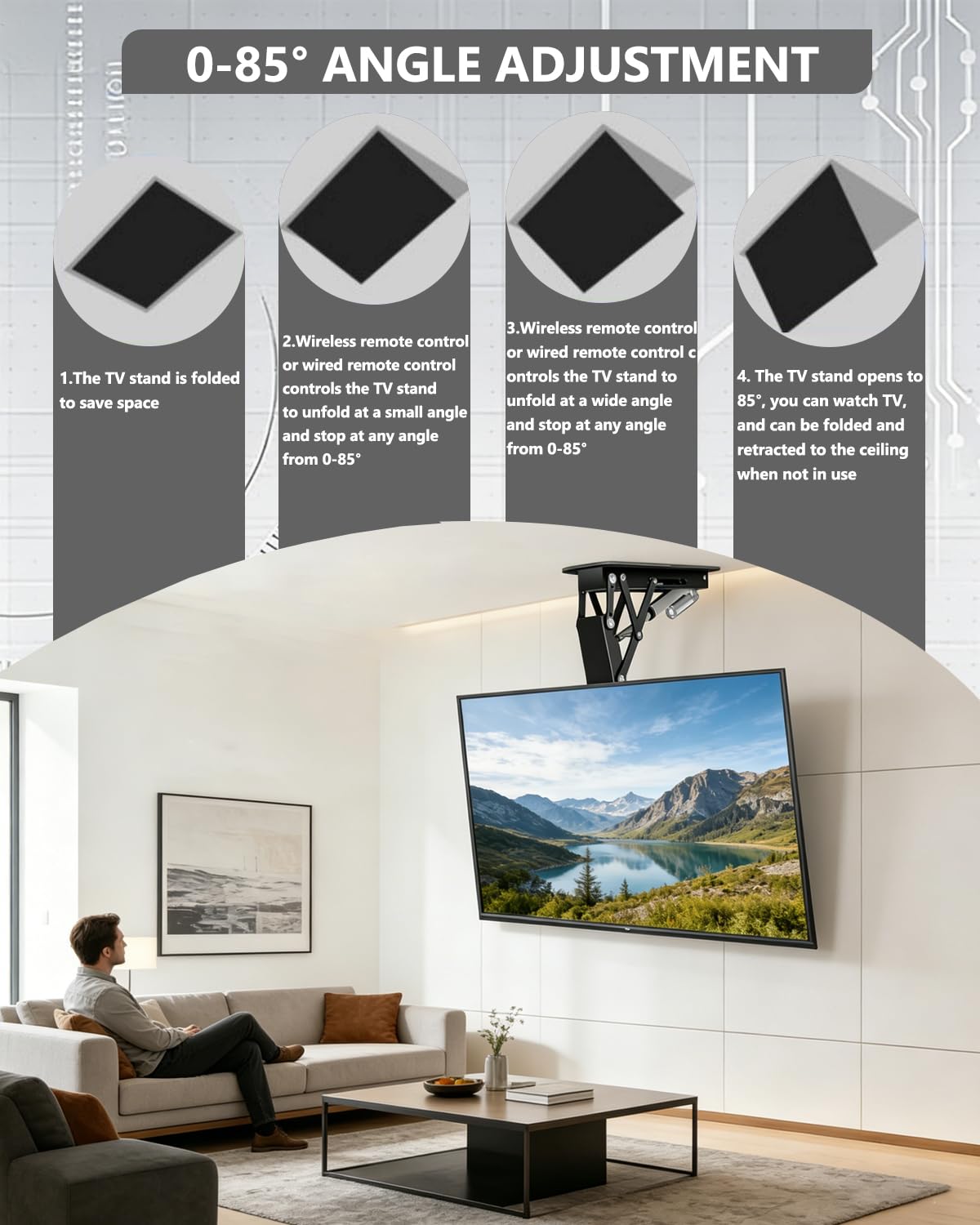 Supporto Da Soffitto Motorizzato，Supporto Di Sollevamento Der TV Con Telecomando E Di Controllo Dell’interruttore， Adatto A TV 32-70 Pollici，Sia A Soffitto Che D Parete Installazione (32-70 inch)