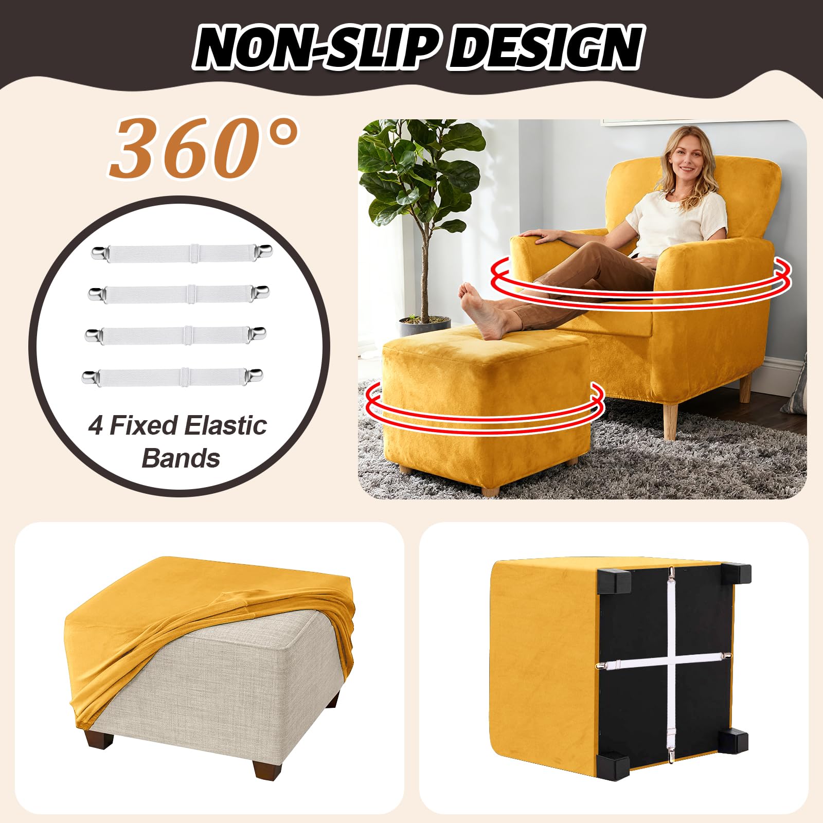 Copripoltrona Elasticizzato Copridivano 1 Posto con Braccioli, Velluto Fodera per Poltrona/Ottomana/Sedile con 4 Corde Antiscivolo (Gold,Chair+Seat+Ottoman Sq S)