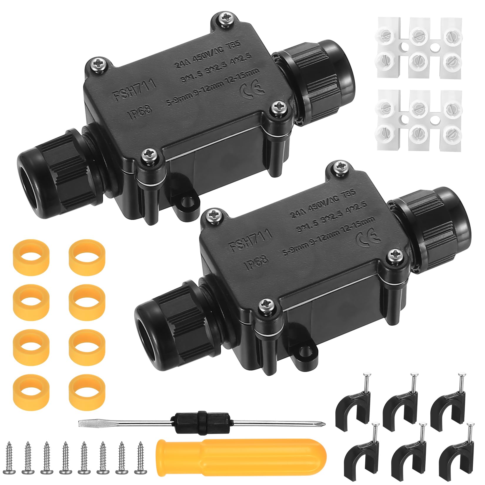 2 Pcs IP68 Waterproof Junction Box 2 Way Connectors, Outdoor Electrical Box Waterproof Cable Connector Outdoor, Black Plastic Cable Junction Boxes for 5-9 mm 9-12 mm Gland Wire Connector