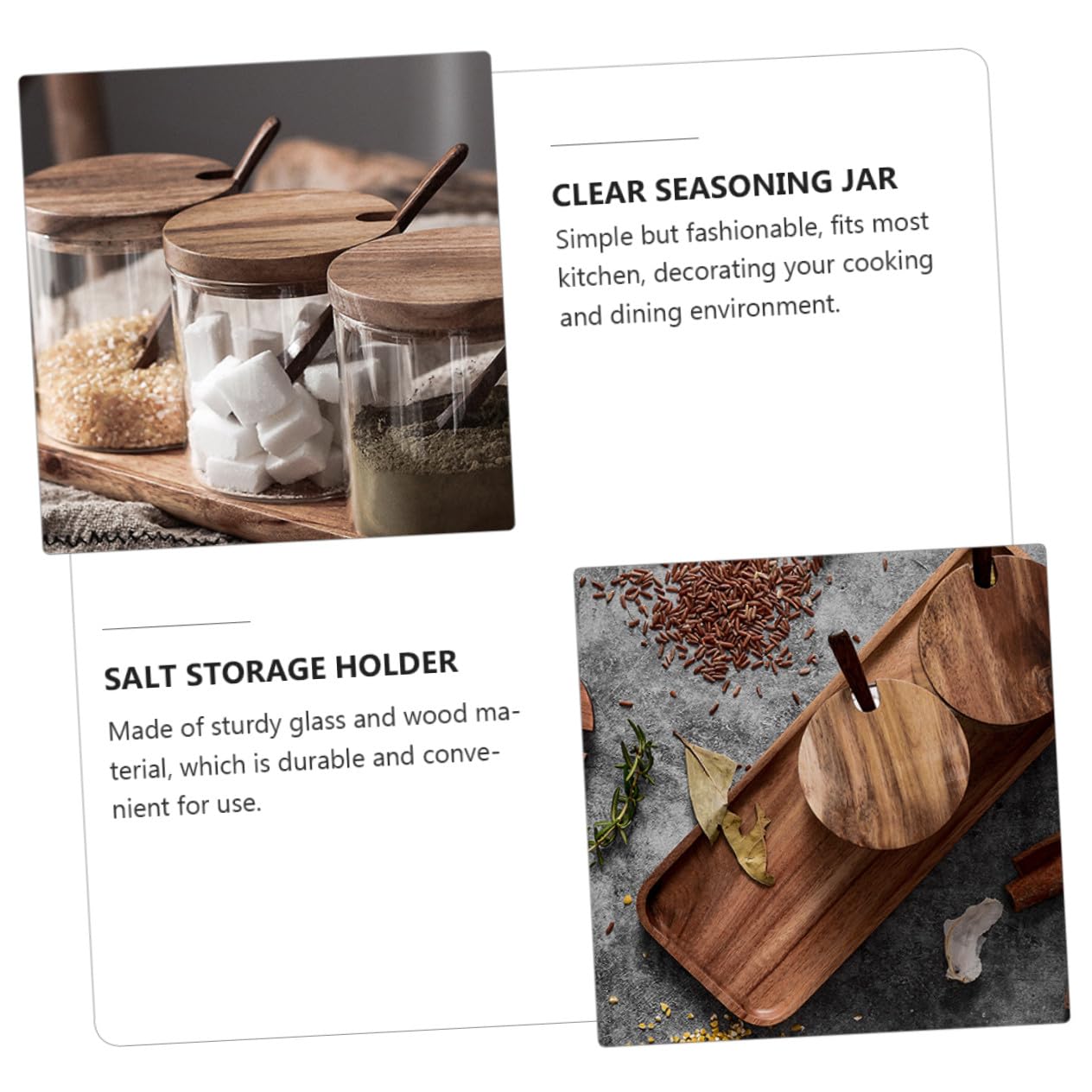 DOITOOL Glas Gewürzgläser mit Holzdeckel und Löffel Vorratsbehälter für Gewürze und Lebensmittelaufbewahrung Stilvolle Küchenaufbewahrung mit Praktischem Tablett