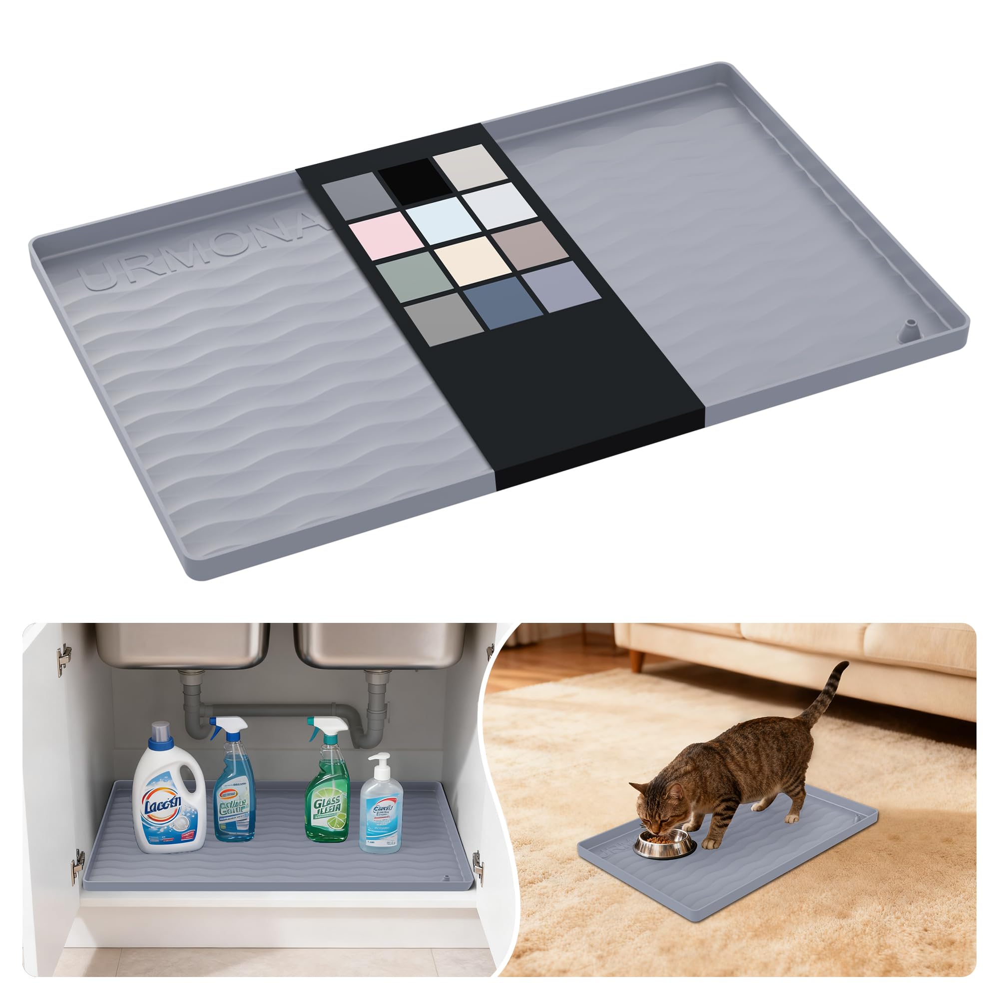 URMONA Waterproof Silicone Under Sink Mat 19'' x 12'' Shelf Liner for Kitchen and Bathroom, Cabinet and Counter Protector, Storage and Organizers, Litter Mat, Pet Cat Puppy Essentials(Light Grey)