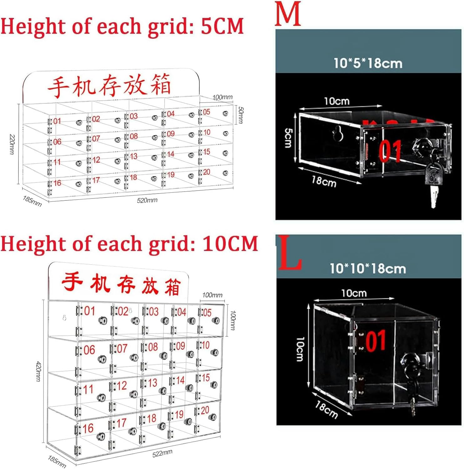 20 Slots Cell Phone Locker for Classroom, Acrylic School Cell Phone Storage Locker, Clear Wall Mount Cabinet Pocket, Phone Lock Box for Office Employees Storage,Small Grid-1