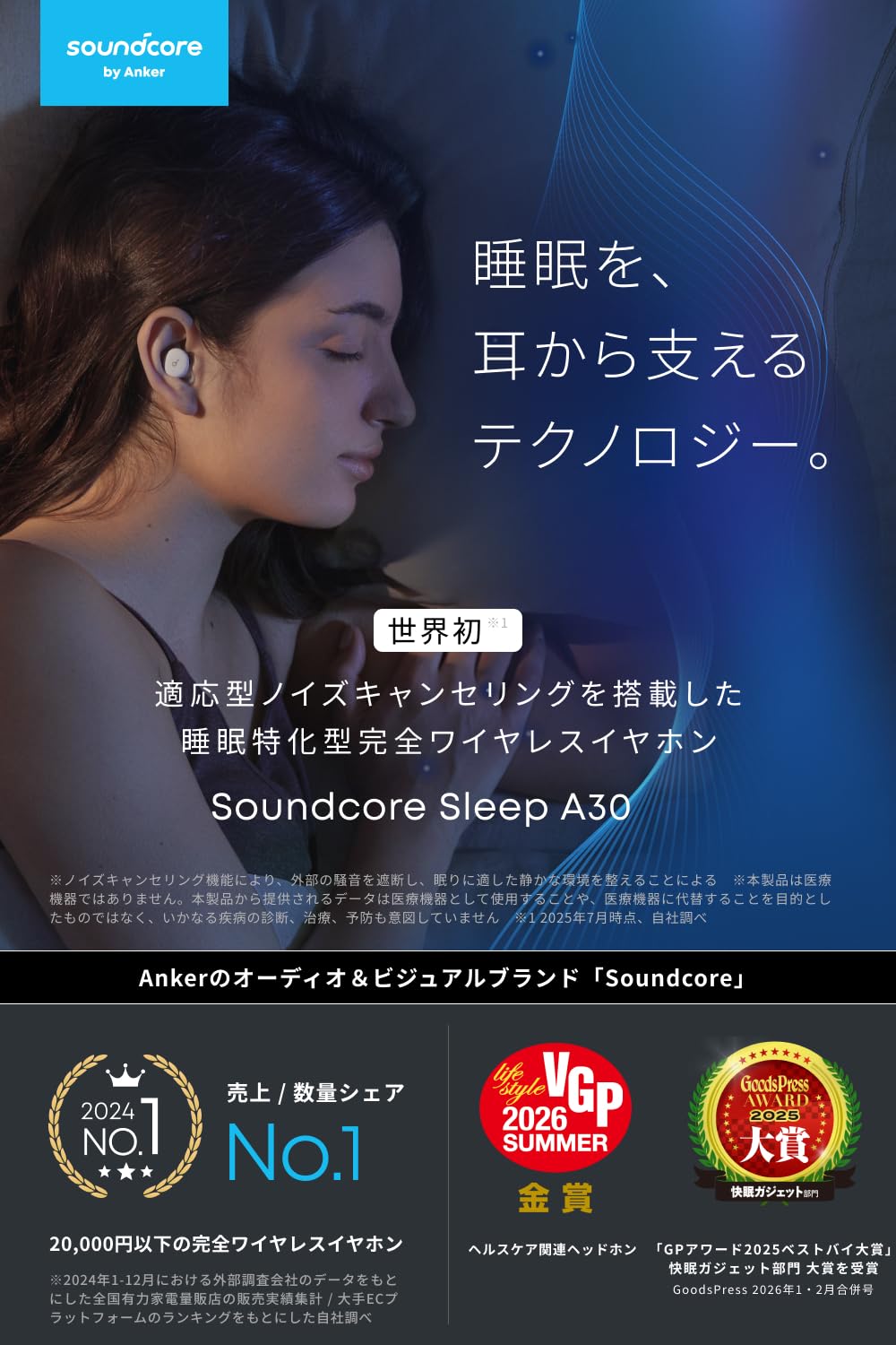 Anker Soundcore Sleep A30 ワイヤレスイヤホン Bluetooth 5.3