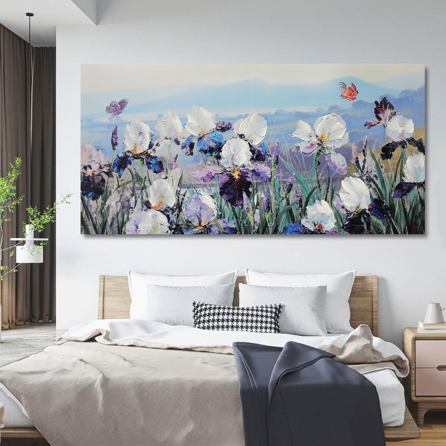 Enartly Flower Wall Art Blooming Purple White Irises Floral Landscape Textured Canvas Painting, Nature Scenery Large Artwork Framed for Bedroom Living Room Bathroom Home Office Wall Decor 40"x20"