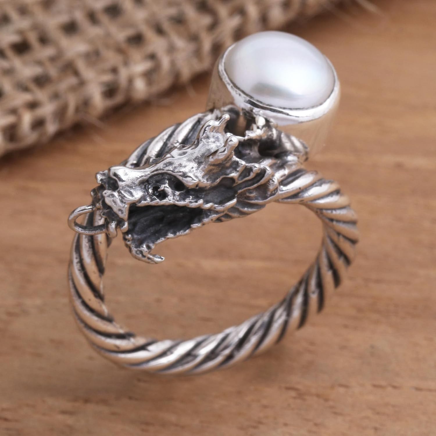NOVICA Artisan Handmade Cultured Freshwater Pearl Cocktail Ring .925 Sterling Silver Serpent Single Stone Indonesia Animal Themed Birthstone Gemstone Dragon 'Naga Basuki'