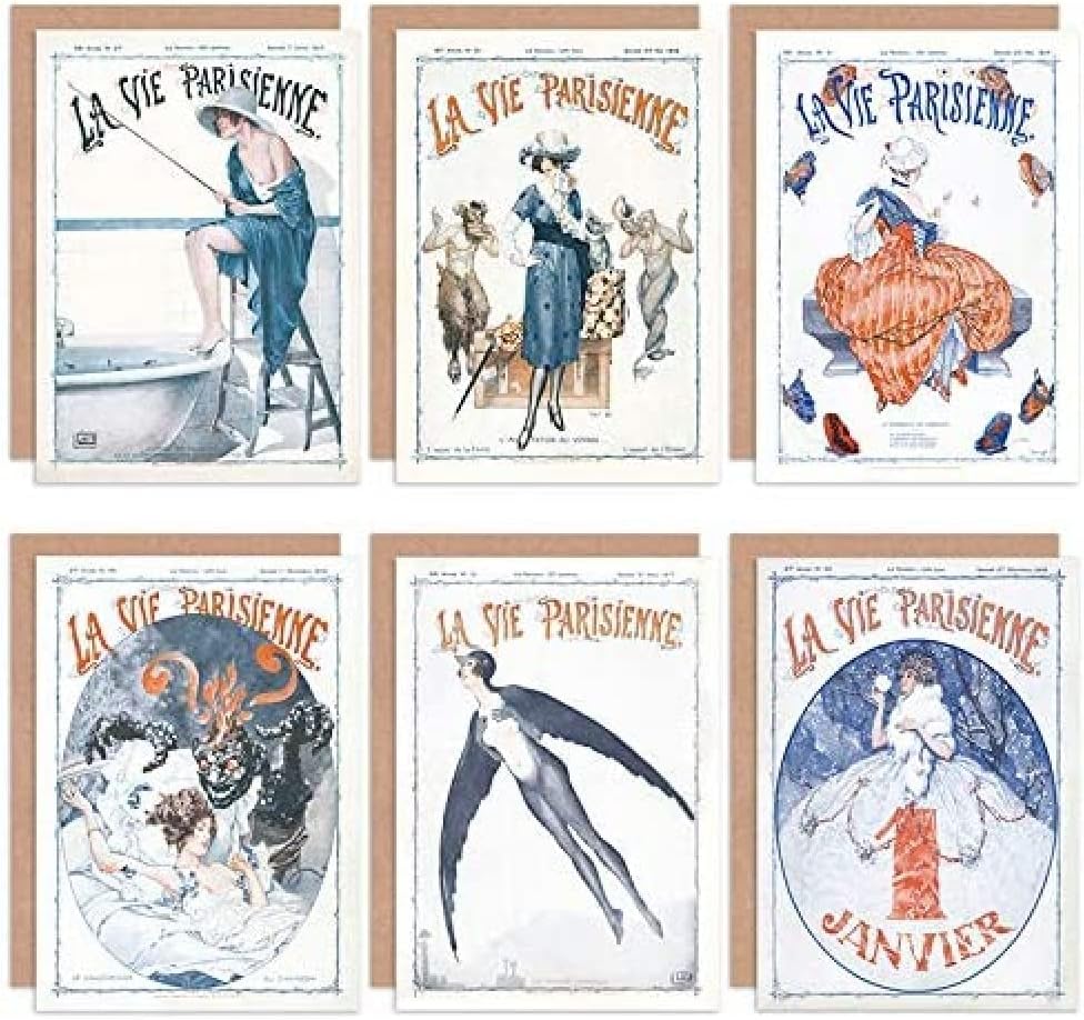 Artery8 La Vie Parisienne French Woman Bird Butterfly Fishing Greeting Cards with Envelopes Pack of 6