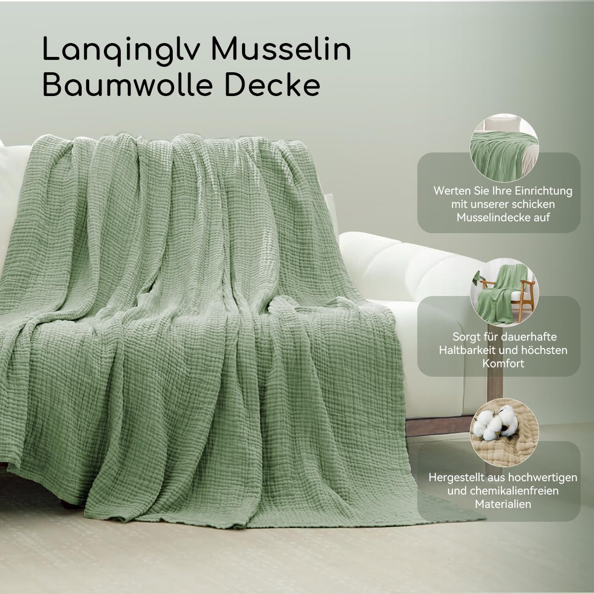 Lanqinglv Manta de muselina 150x200cm de algodón, manta de 4 capas de muselina, manta de verano verde certificada Oeko-Tex, manta para sofá y cama, para el hogar y para acurrucarse, manta de algodón