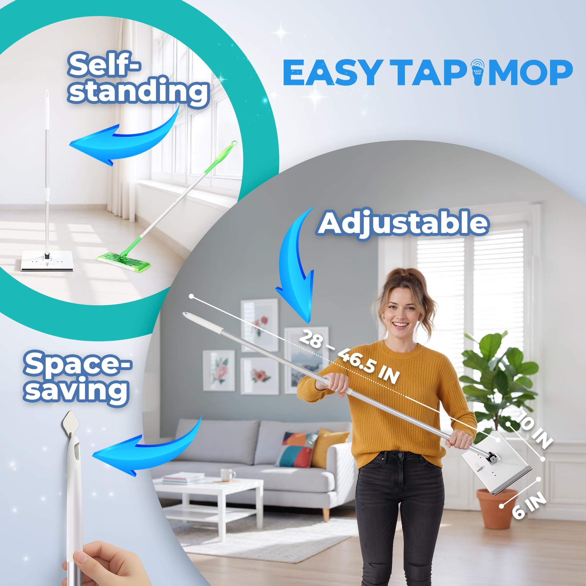 Hands-Free Flat Floor Mop & Sweeper - Foot-Tap Lock System Compatible with Most Pads - 360 Swivel & Adjustable Aluminum Handle - Includes Baking Soda Wet Wipes & 3D Microfiber Cloth — view 7