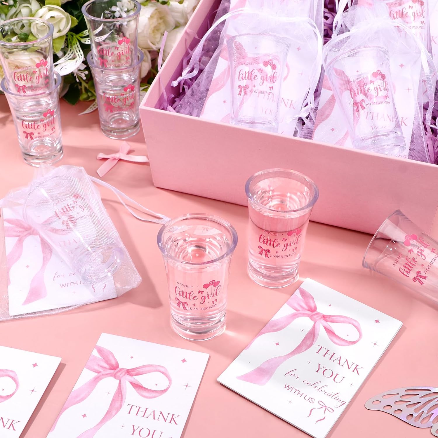 36 Sets Pink Bow Baby Shower Acrylic Shot Glasses A Sweet Little Girl is on Her Way Shot Glasses Coquette Bow Cups Bulk with Thank You Card Bag Bow Theme Party Gifts for Guest Gender Reveal