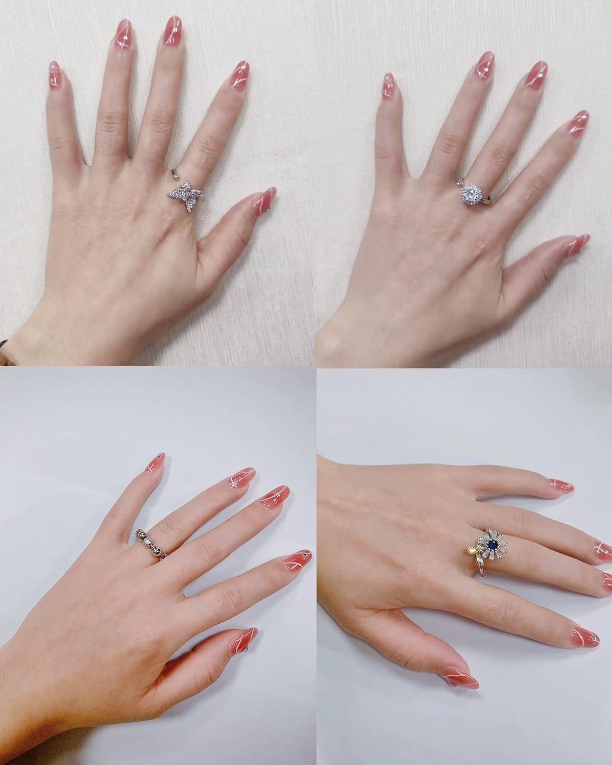 Tornito 5-6Pcs Fidget Anxiety Spinner Ring Adjustable Open Ring Cubic Zirconia Sunflower Windmill Butterfly Moon Bead Stress Relief Stackable Rings for Women Silver Gold Tone - Image 4