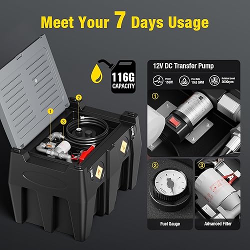 Miniatura 3 de Tanque de transferencia diésel de 116 galones, con caudal rápido de 10.6 GPM, bomba de transferencia de 12 V CC, cable de alimentación de 19.7 pies,