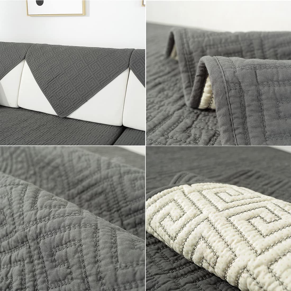 vctops Geometric Embroidery Cotton Sofa Couch Cover Non Slip Quilted Sectional Couch Covers Farmhouse Solid Color Sofa Slipcover for Dogs, Children, Pets Furniture Protector (Dark Grey,36"x94")