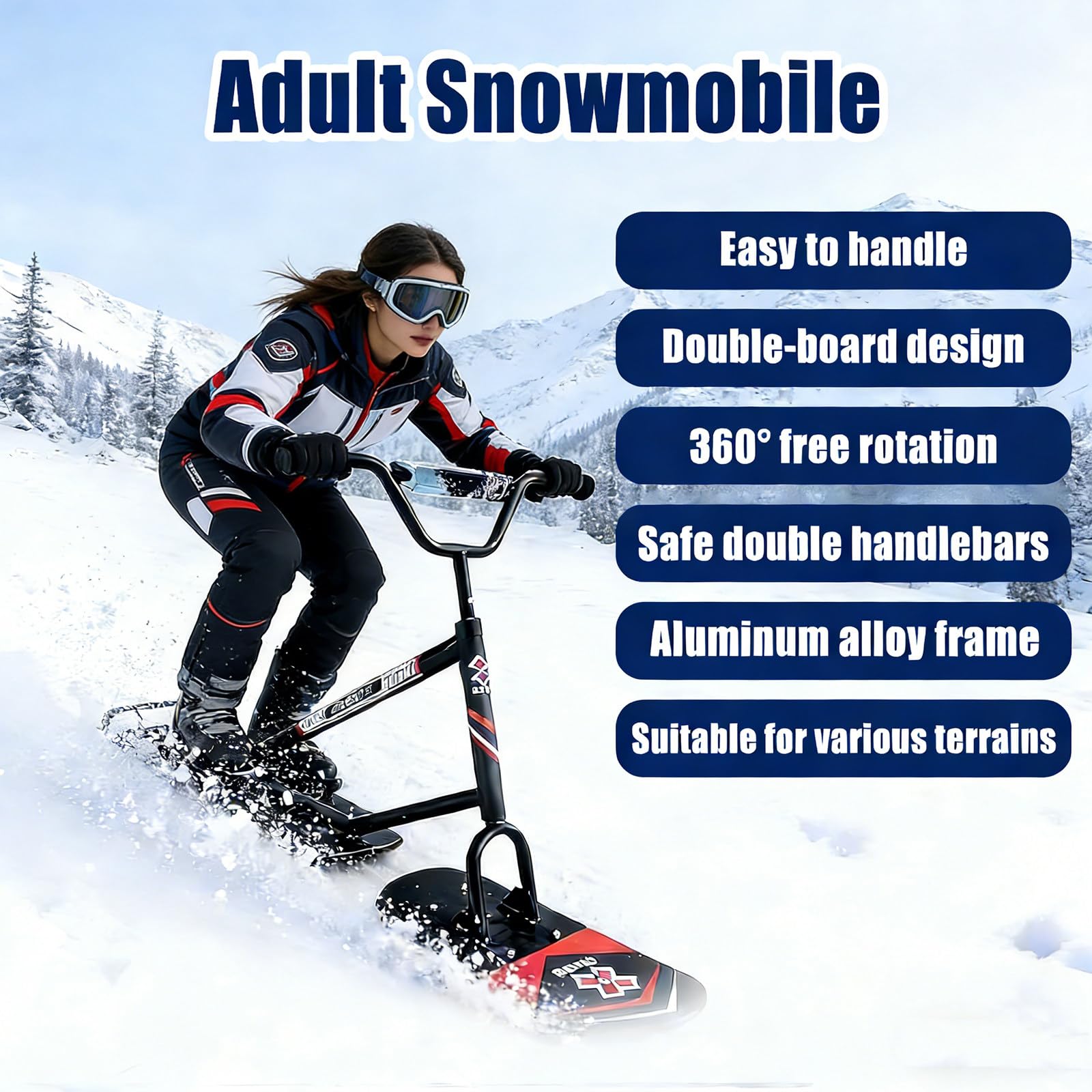 Monopattino da sci, leggero, girevole a 360°, telaio in lega di alluminio rinforzato, design a doppia tavola per sport sulla neve, adatto per adulti e ragazzi