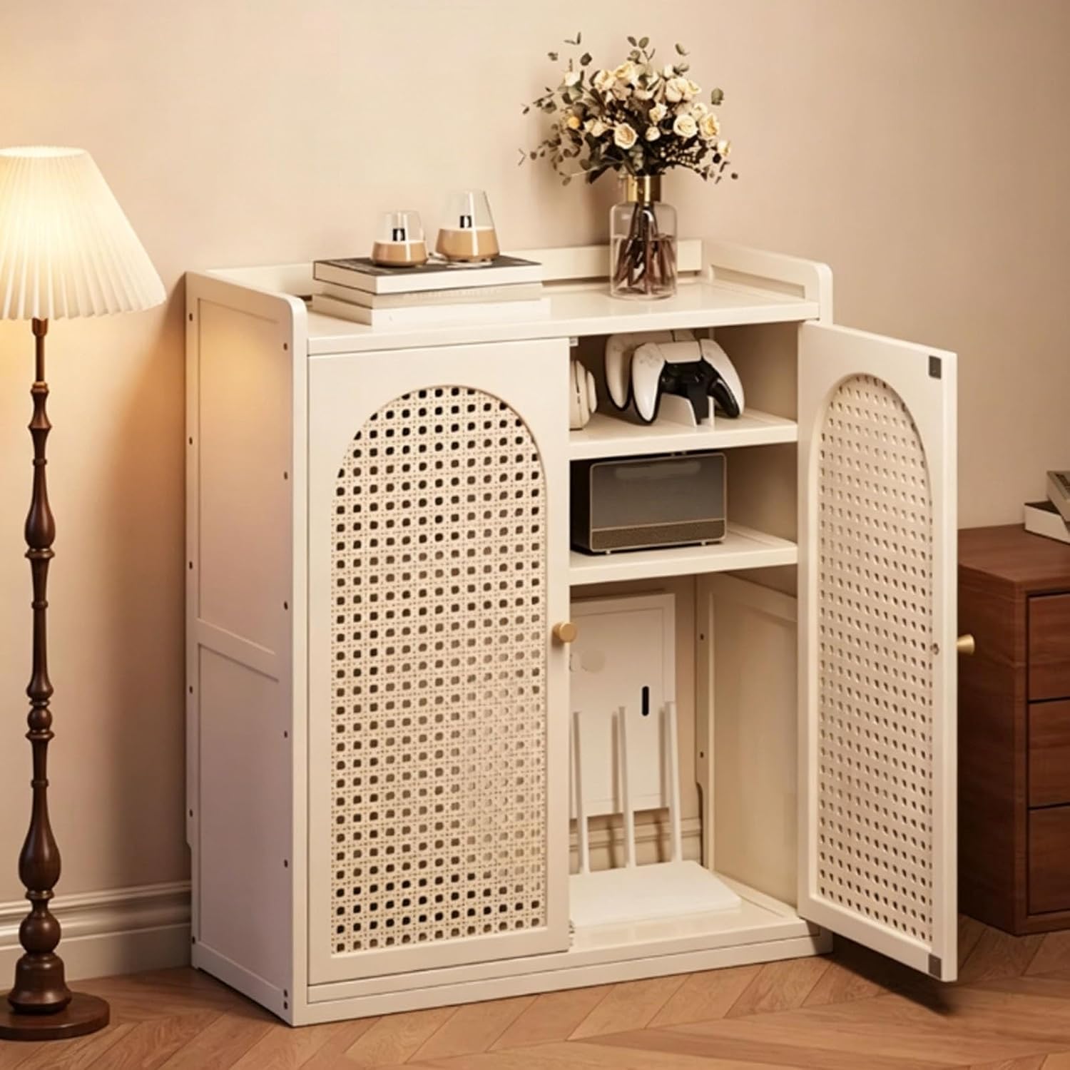 WiFi Router Storage Cabinet, Bamboo Rattan Floor Standing Modem Organizer Box with Adjustable Shelf and Cable Management for Home Office Living Room(White,60x25x67cm/24x10x26in)