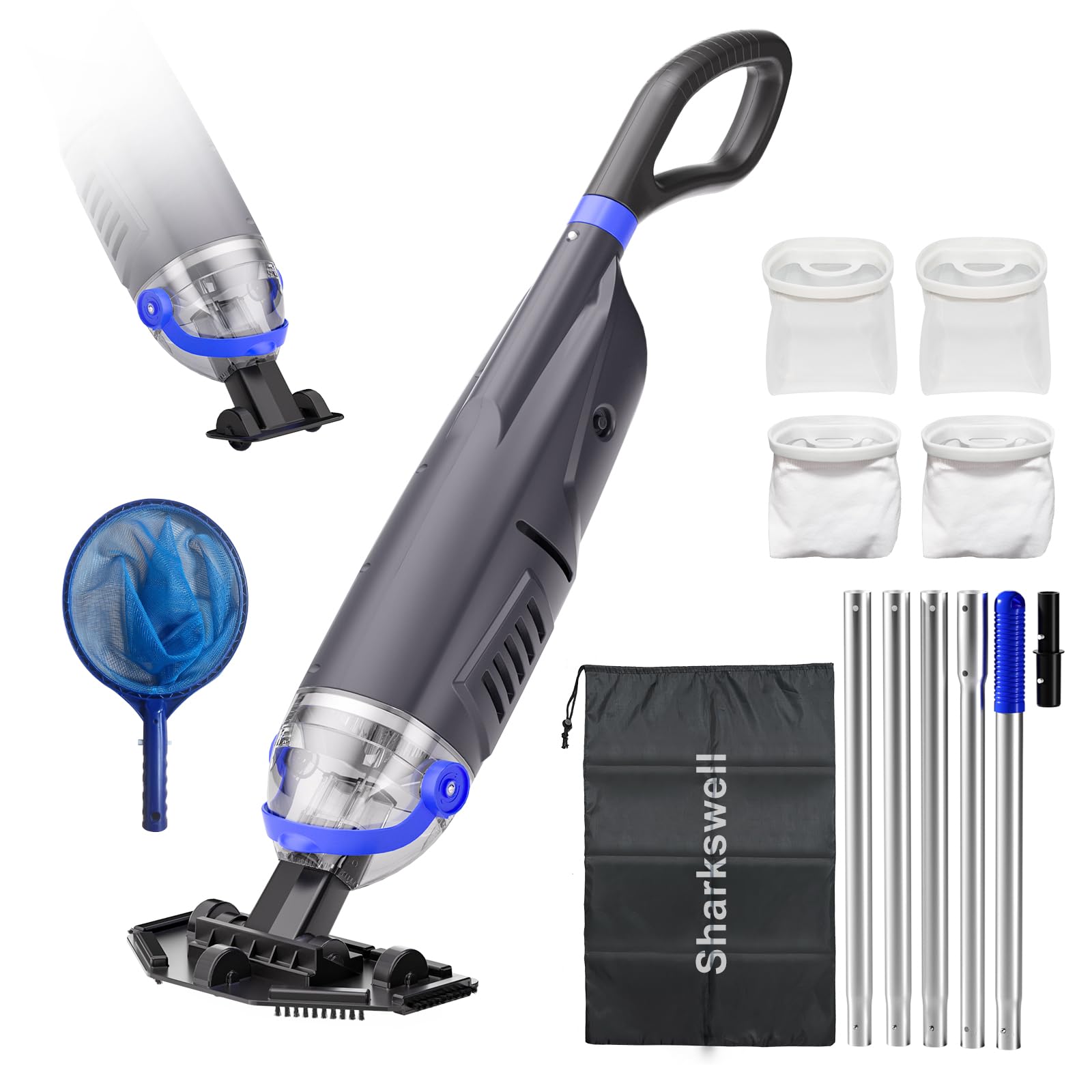 Sharkswell Poolsauger mit Akku, 2025 Upgraded Whirlpool Sauger Handsauger mit 4 Filter und Teleskopstangen