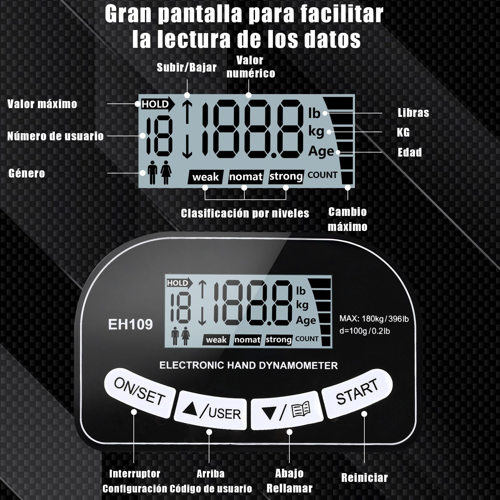 Dinamómetro de Mano Digital Automático 180KG Medidor de Fuerza de Agarre Electrónico Pantalla LCD
