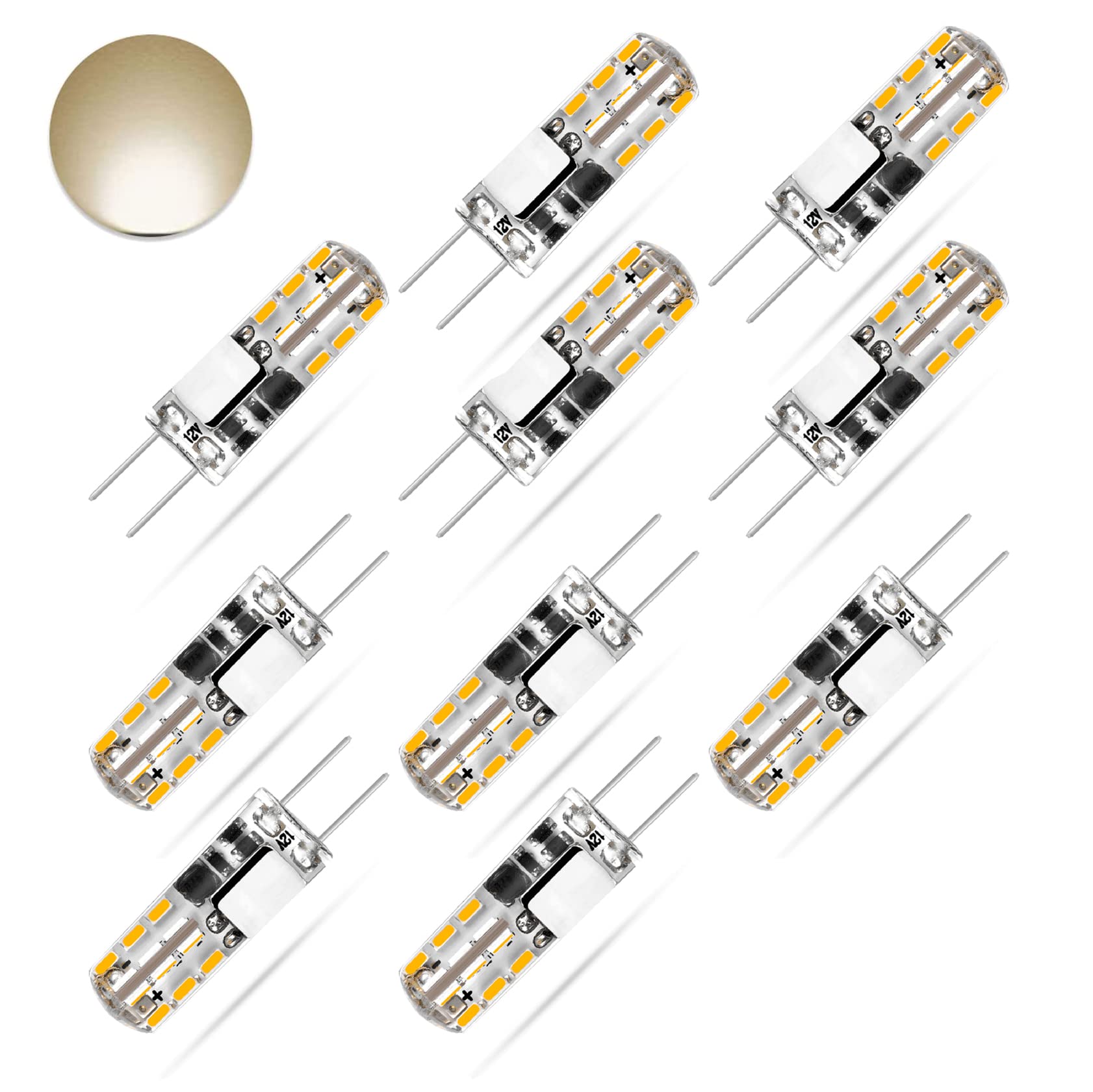 HHZY G4 LED Bulb, Bi-Pin G4 Base, 1.4W Equivalent to 14W G4 Halogen, AC/DC 12V G4 LED Light Bulb, 360° Beam Angle, Non-dimmable, No Flicker, Energy Saving, 10 Pack,Warm White 3000K