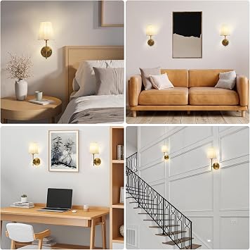 Brass Wall Lights Modern Wall Lamps with Linen Fabric Lampshade Set of 2 | Industrial Indoor Wall Lighting Fixtures, Wall Mounted Light for Living Room, Wall Sconces for Hallway Bedroom, E27 Socket