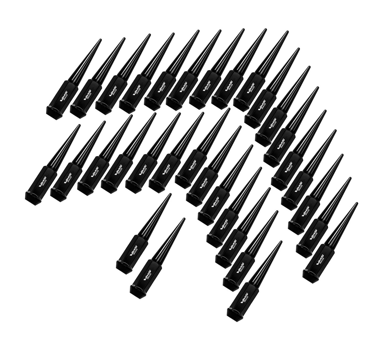 VMS RACING 14x1.5 32PC 124mm Cold Forged Steel Lug Nuts with Black Extended Spikes Tips CNC Aluminum Compatible with Chevy Silverado and GMC Sierra 2500 3500 HD 1999-2025 with 8 Lug Wheel Pattern