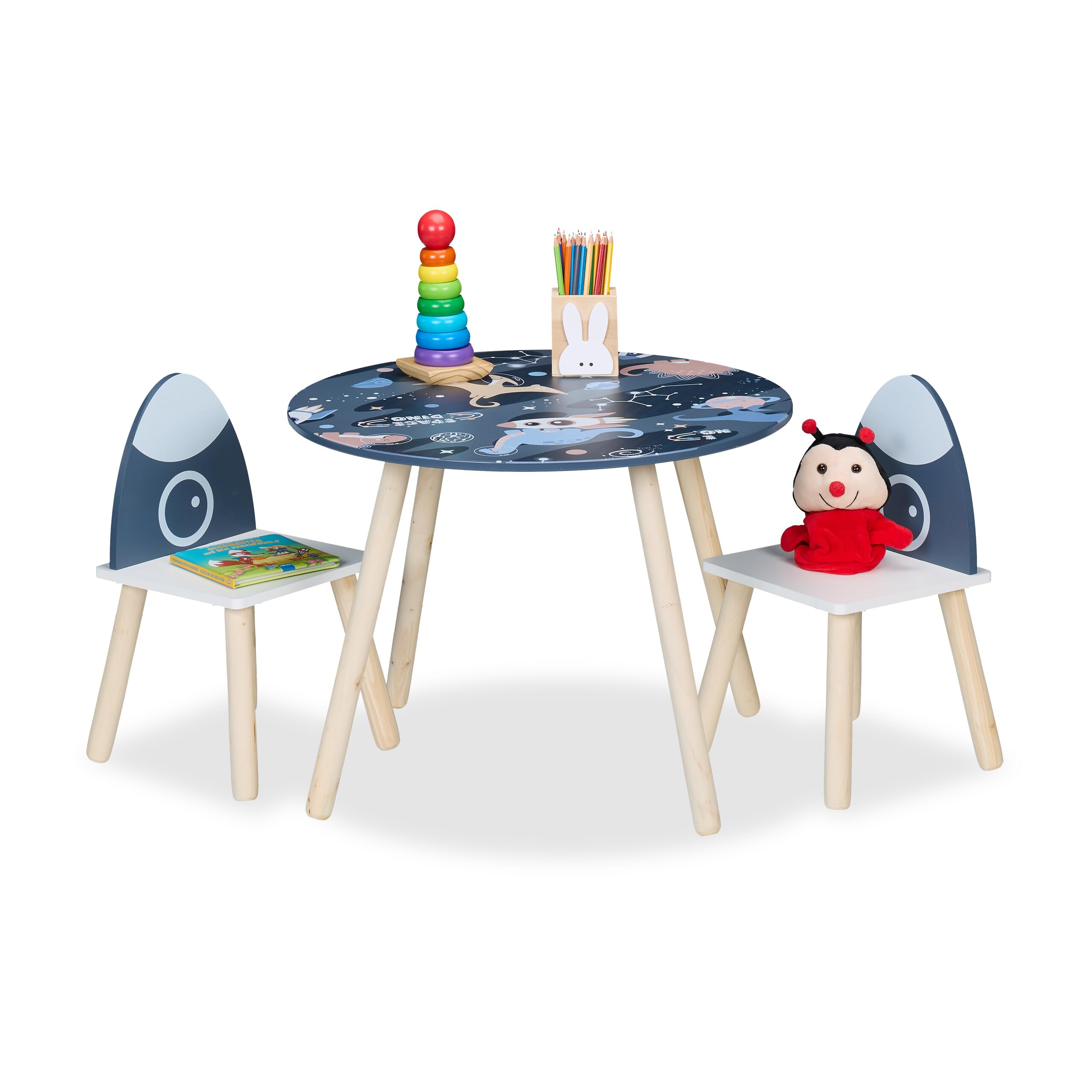 Relaxdays Kindersitzgruppe, 3-TLG., Space Dino, Kindertisch mit 2 Stühlen, Mädchen & Jungen, Sitzecke Kinderzimmer, bunt