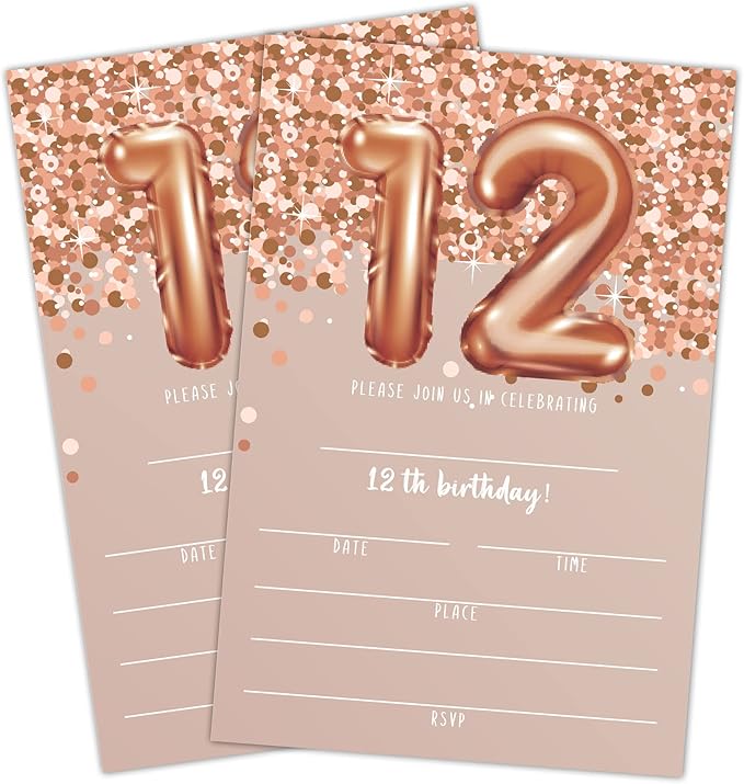 Amazon.com : 12th Birthday Invitation Cards, Rose Gold Glitter 12th ...