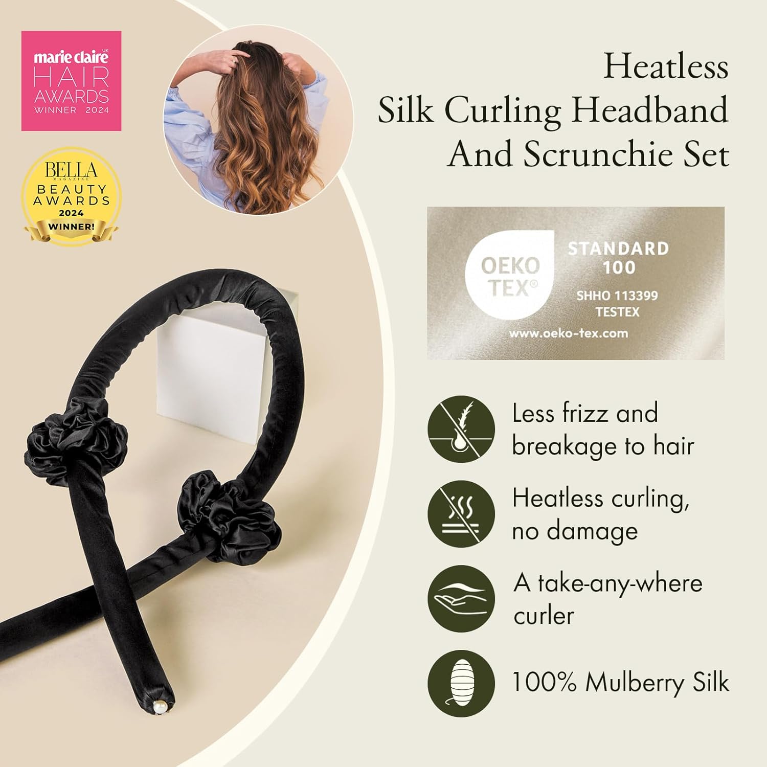 LILYSILK 100% Mulberry Silk Heatless Curling Set 3pc for Women – No Heat Overnight Hair Curler Rods with Adjustable Headband, Prevents Damage & Frizz, Black