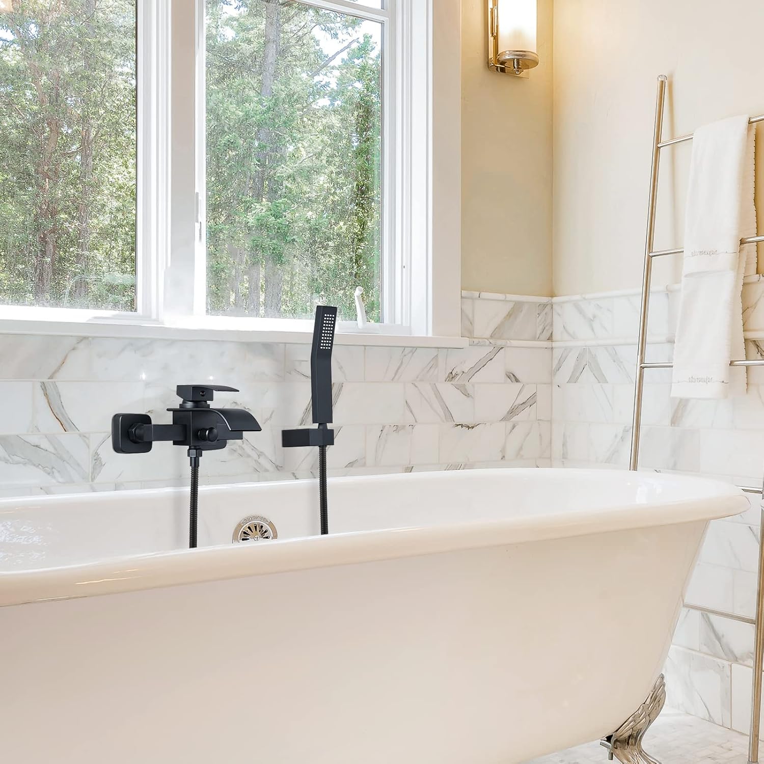Hot Deals Matte Black Wall Mount Bathtub Faucet with Handheld Spray Waterfall Tub Filler Single Handle Bathroom Tub Mixer Tap Hand-Shower System with Curved Spout Commercial