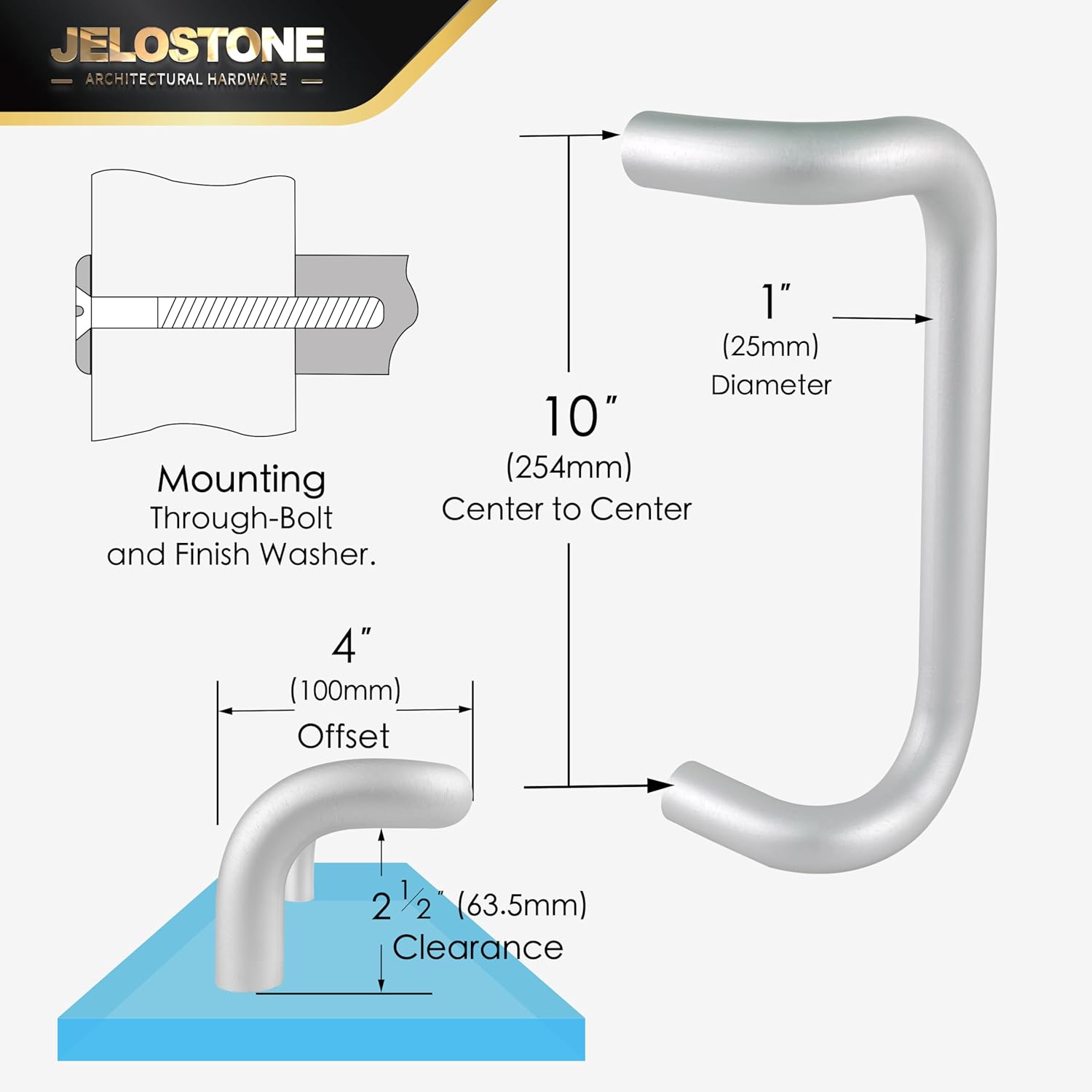 Aluminum 90-Degree Offset Solid Door Pull (Clear Anodized), 1" Diameter x 10" Center-to-Center, Through Bolt Mounting for 1-3/4" Door, JS-8190HD