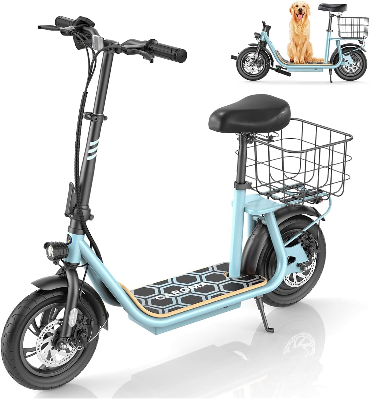 Caroma Electric Scooter with Seat, Max 30 Miles Range&20MPH Speed, Peak 800/1200W Motor, Foldable Electric Scooter for Adults and Teens, Commuter E Scooter with Basket&Adjustable Kid Seat